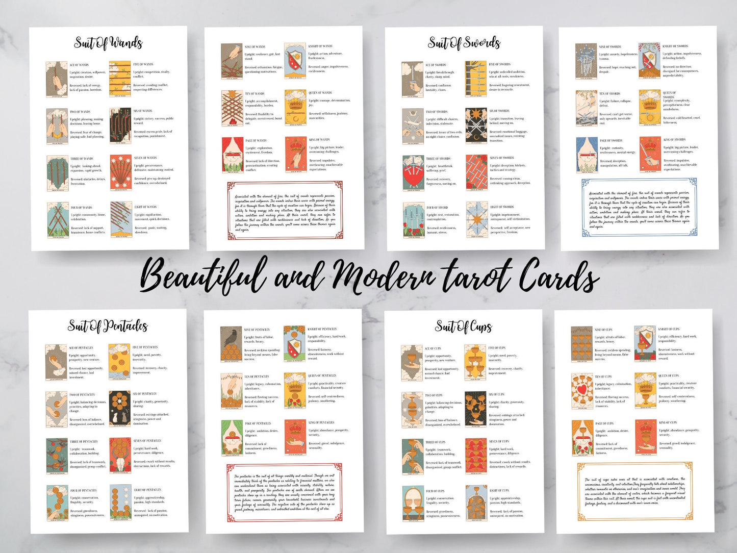 Tarot Cheat Sheet with Upright and Reversed Tarot Card Meanings to help with Tarot Spreads, Printable Tarot Journal Pages, New Style