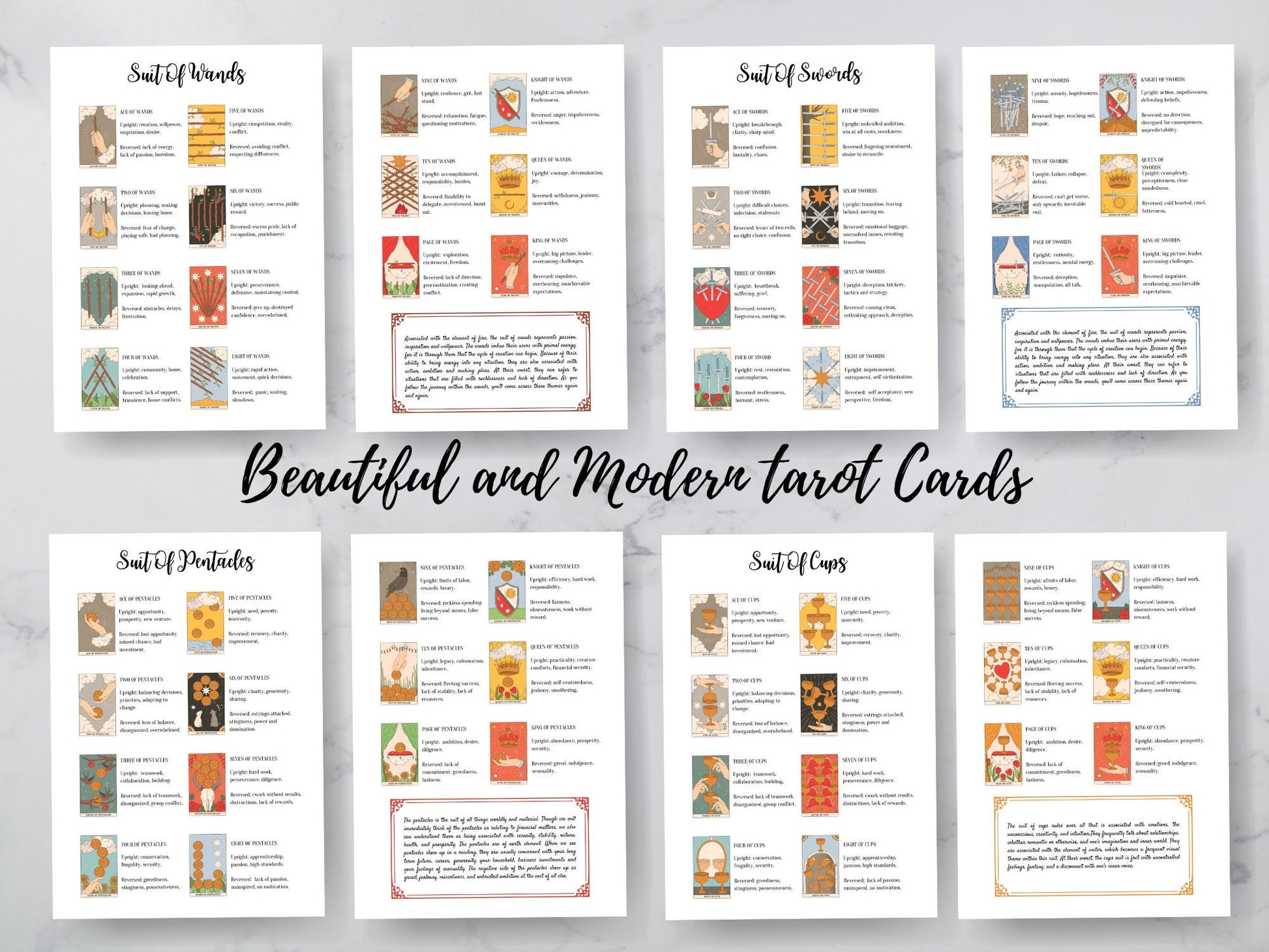 Tarot Cheat Sheet with Upright and Reversed Tarot Card Meanings to help with Tarot Spreads, Printable Tarot Journal Pages, New Style