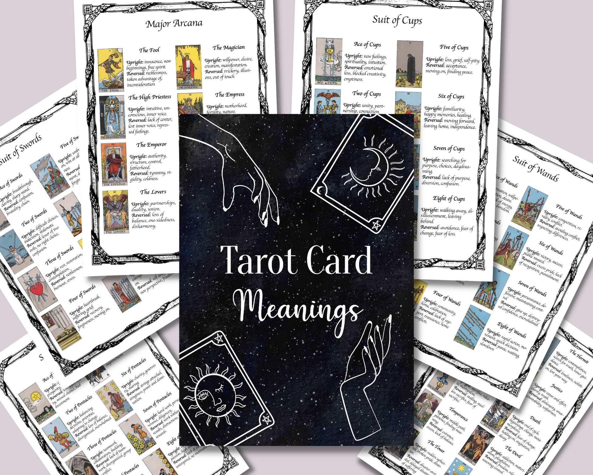 Tarot Cheat Sheet with Upright and Reversed Tarot Card Meanings to help with Tarot Spreads, Printable Tarot Journal Pages, Tarot Keywords