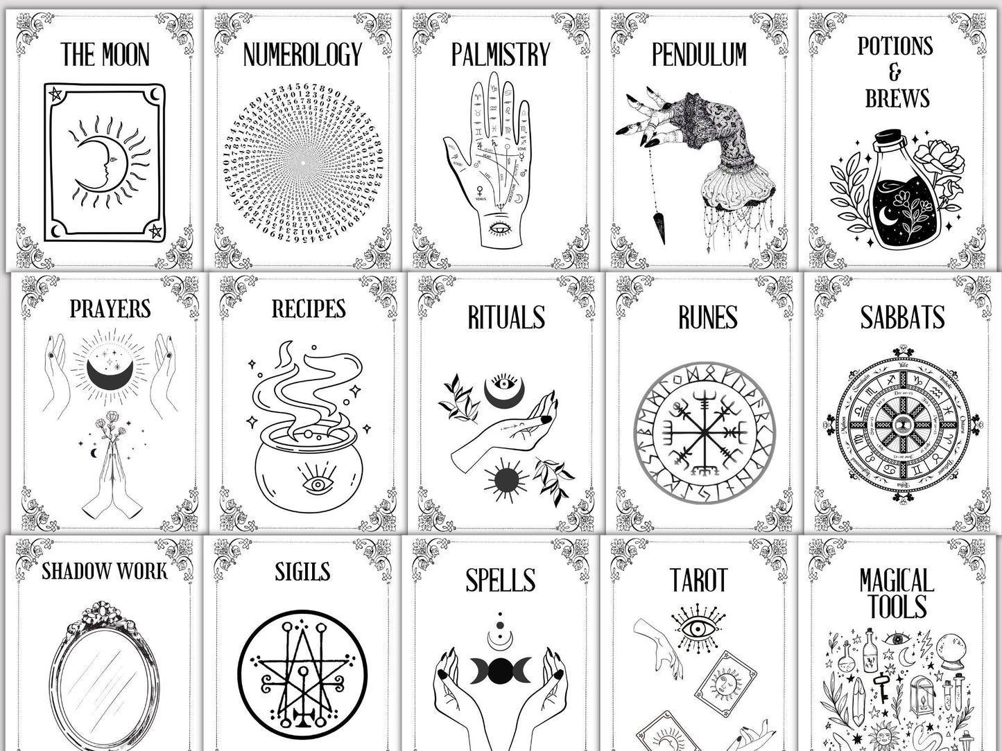 30 Grimoire Divider Pages - Book of Shadows Cover Title Printable Pages - Witchy Inserts - Witchcraft BOS Pages