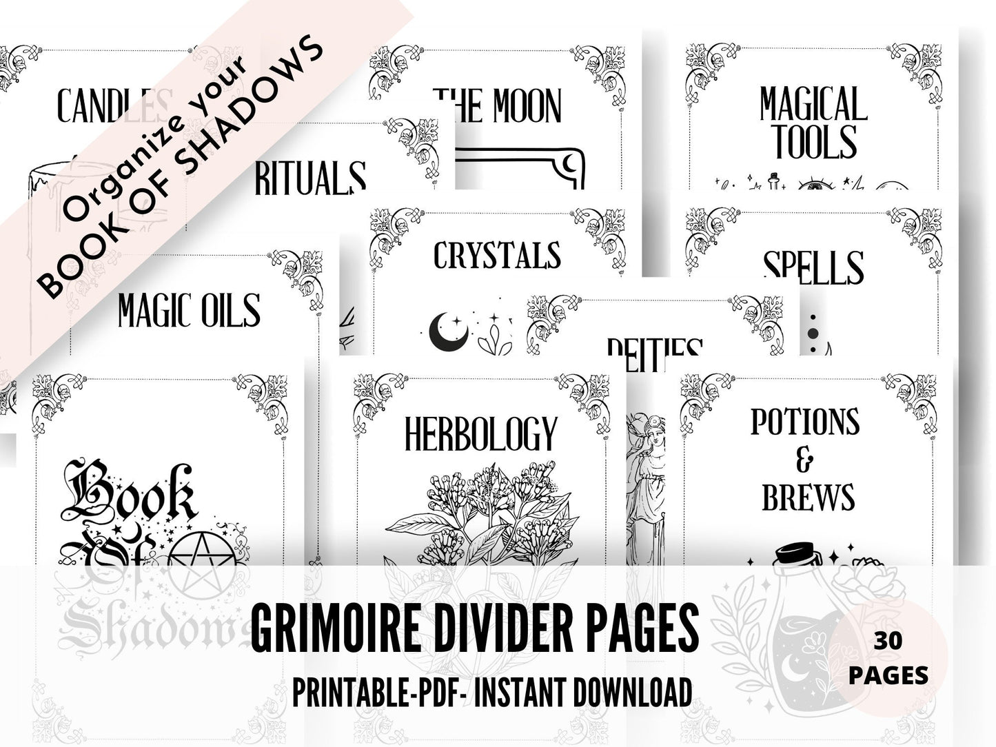 30 Grimoire Divider Pages - Book of Shadows Cover Title Printable Pages - Witchy Inserts - Witchcraft BOS Pages