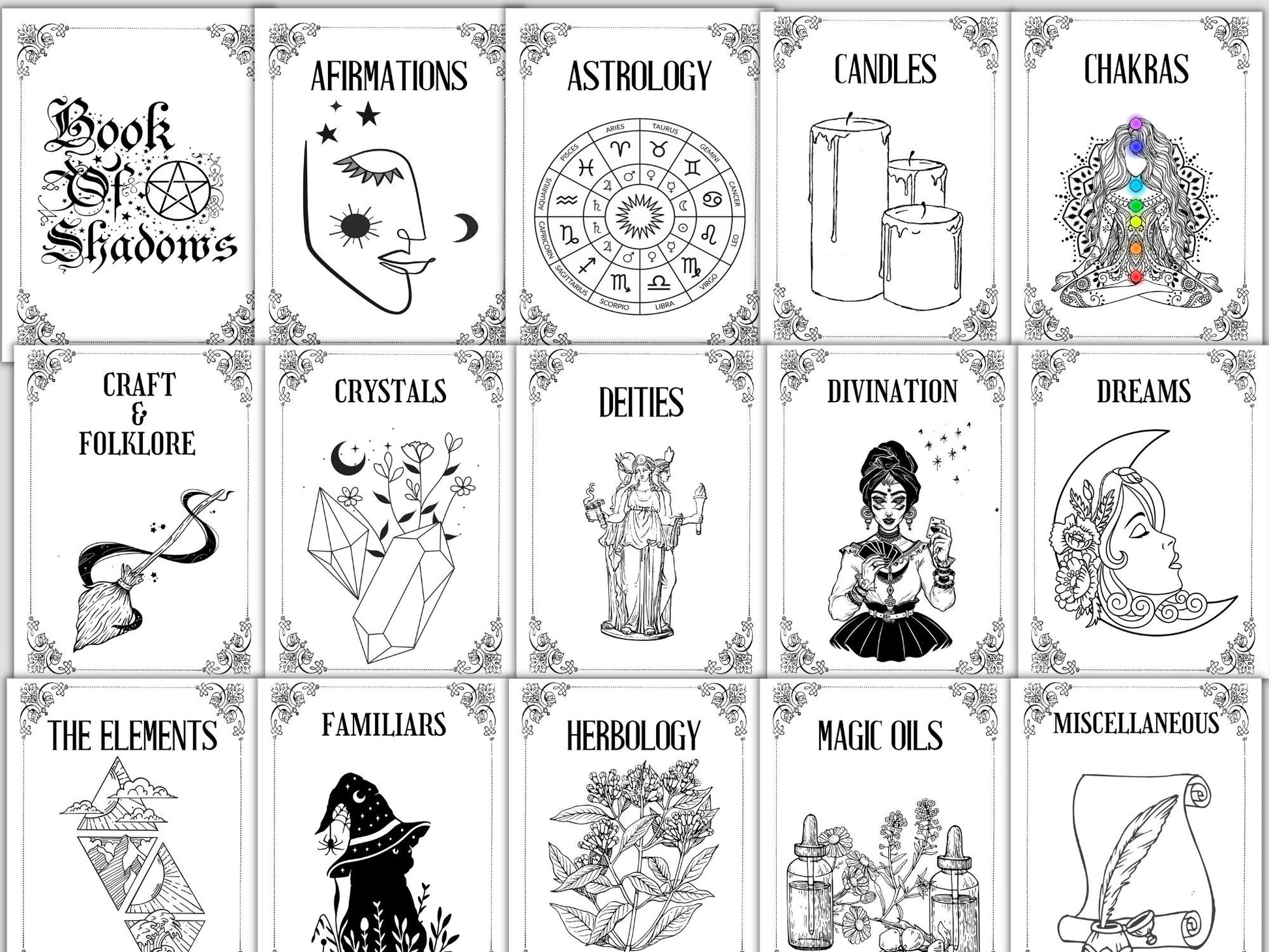 30 Grimoire Divider Pages - Book of Shadows Cover Title Printable Pages - Witchy Inserts - Witchcraft BOS Pages
