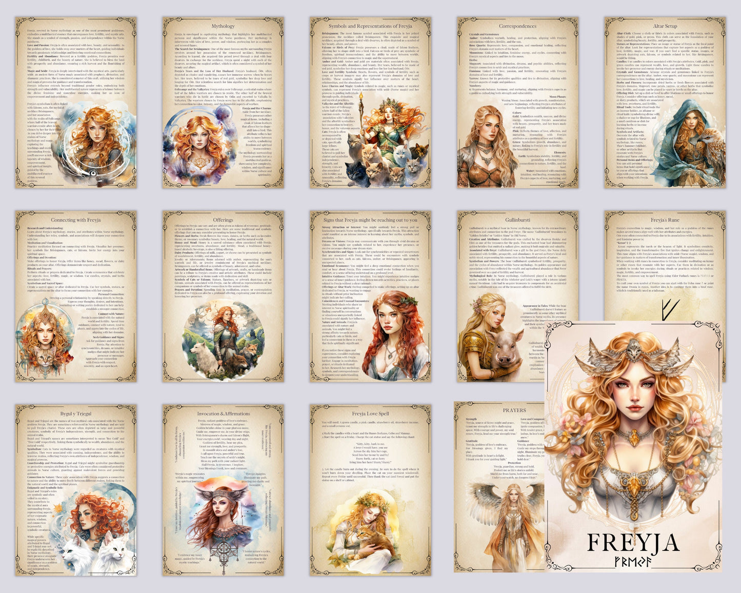 Freyja. The mighty Norse goddess. Beautiful Grimoire pages. Printable