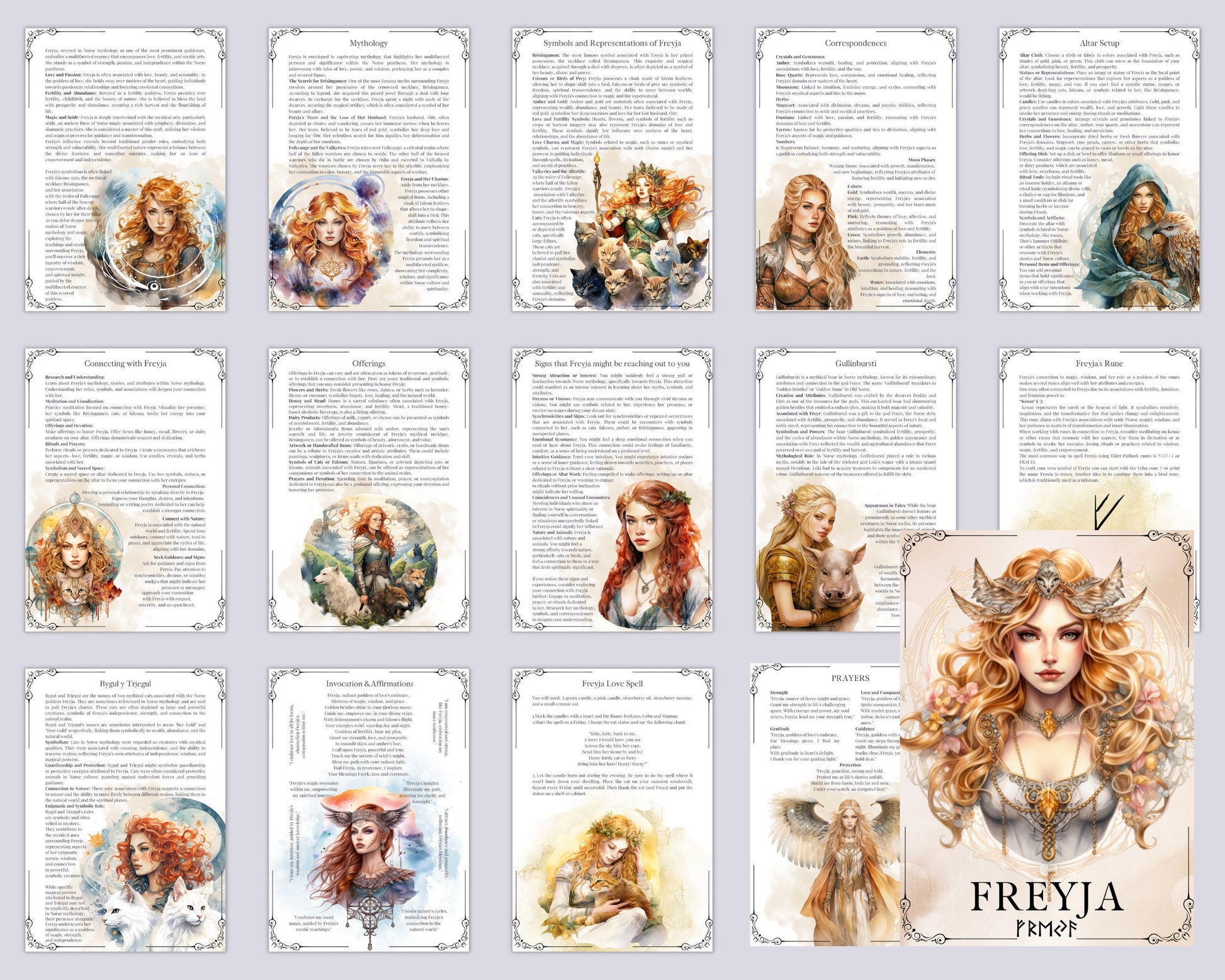 Freyja. The mighty Norse goddess. Beautiful Grimoire pages. Printable