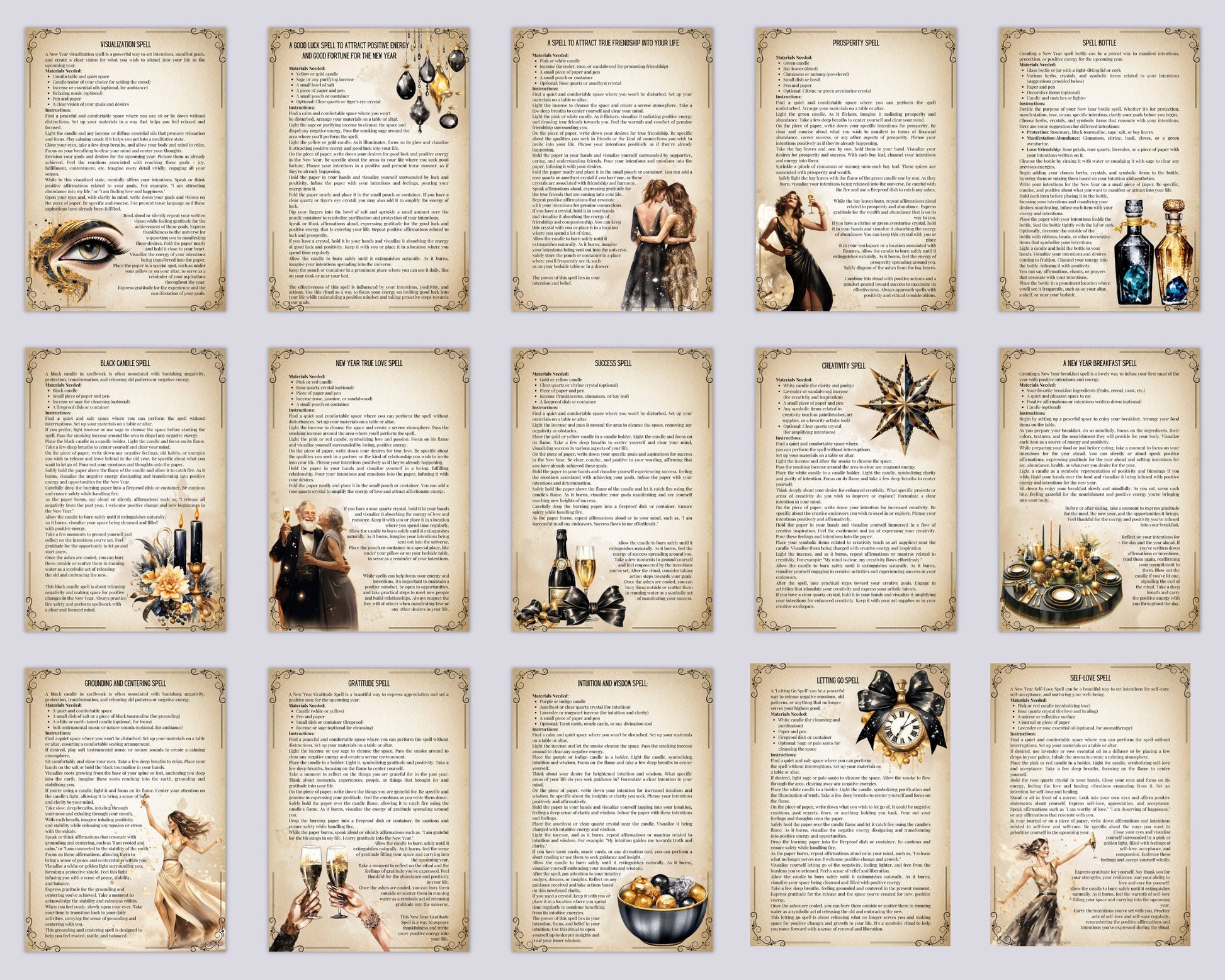 New Year Spells. Beautiful printable Grimoire Pages. Empower Your New Year. Manifest your dreams
