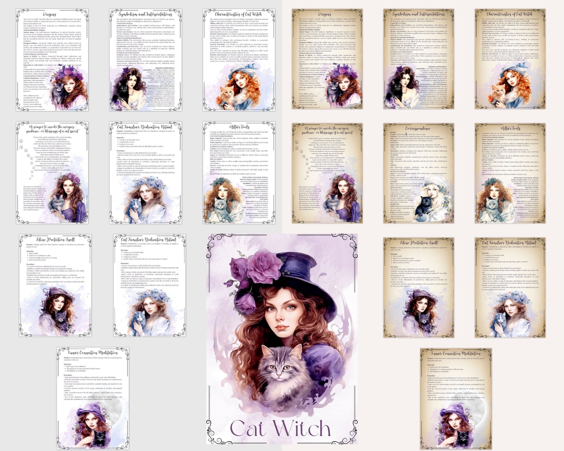 Cat Witch. Beautiful pages for your Grimoire. Printable.