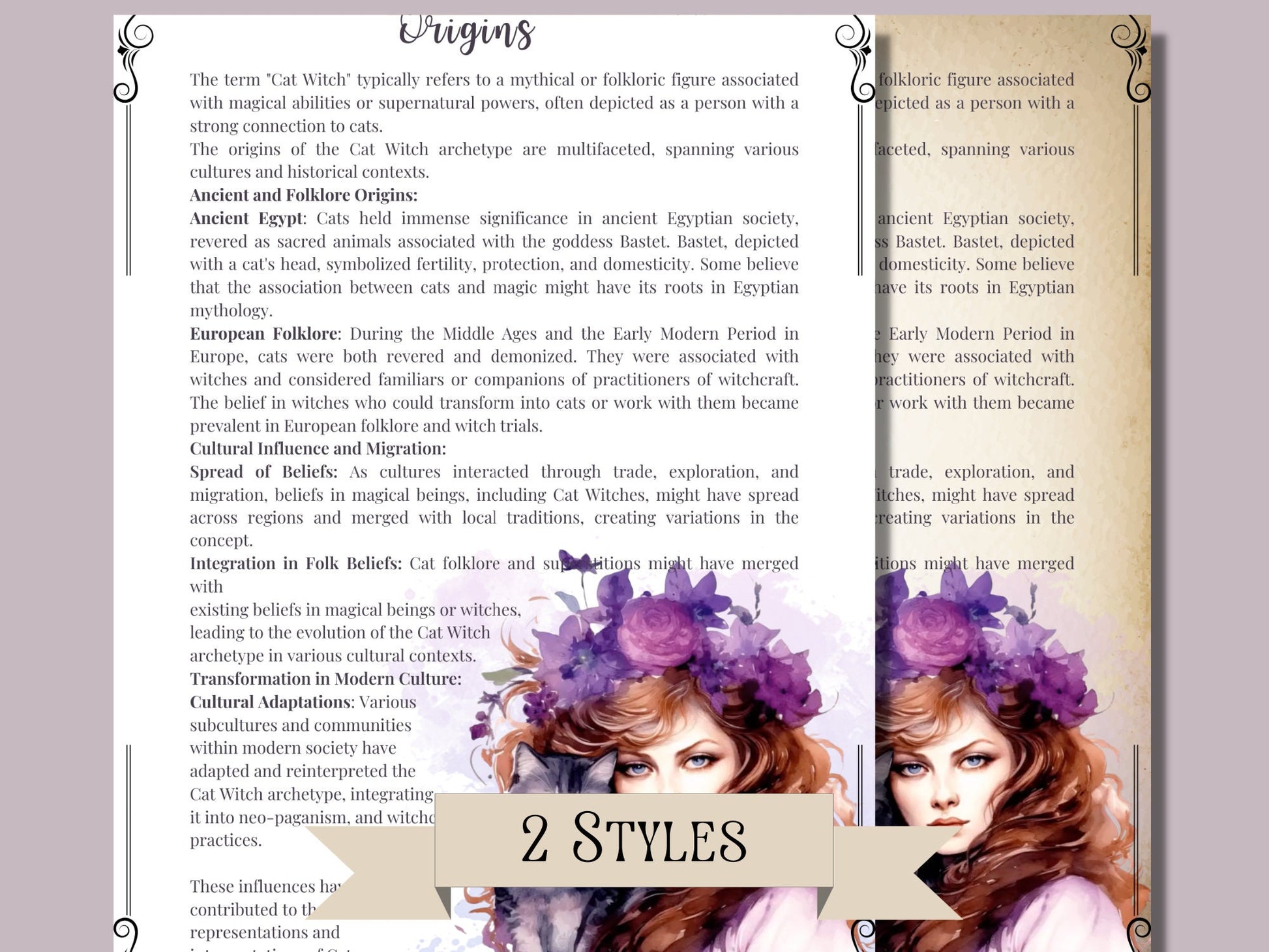 Cat Witch. Beautiful pages for your Grimoire. Printable.