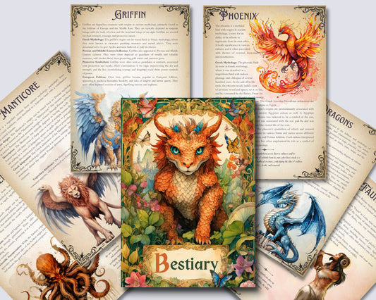 BESTIARY. Mythical Creatures - Beautiful pages for your Grimoire or Book Of Shadows. Printable. 84 pages