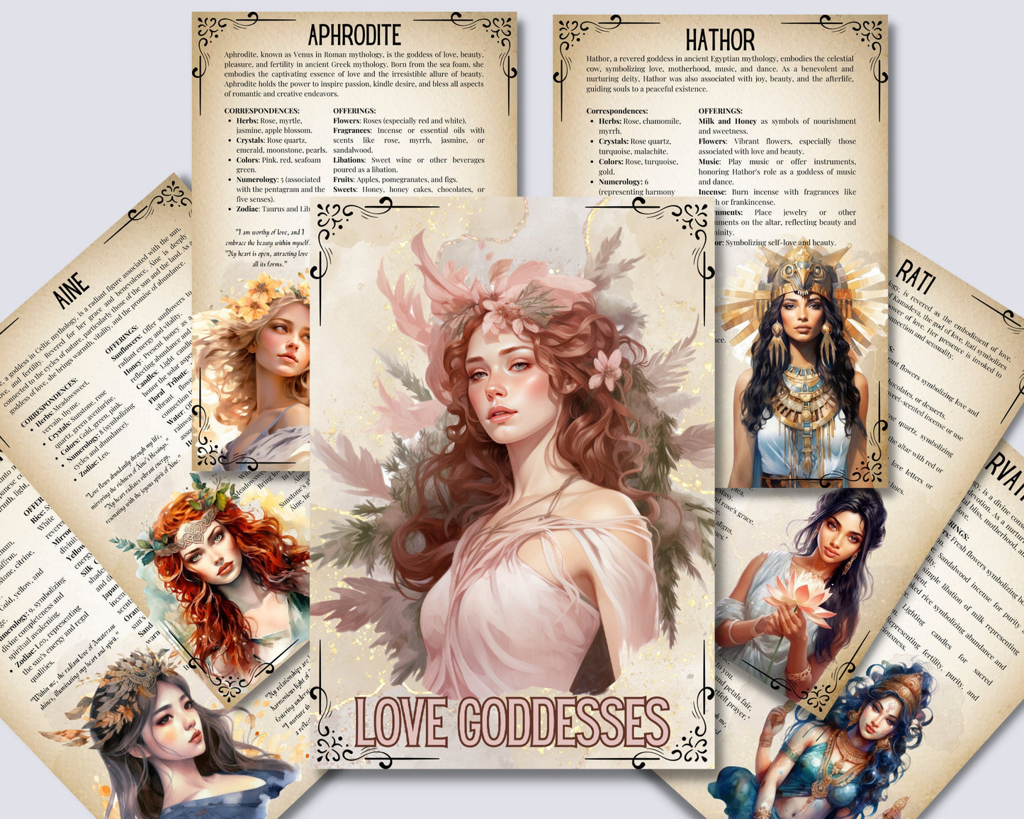 Love Goddesses. Beautiful pages for your Grimoire or Book Of Shadows. 14 pages. Printable