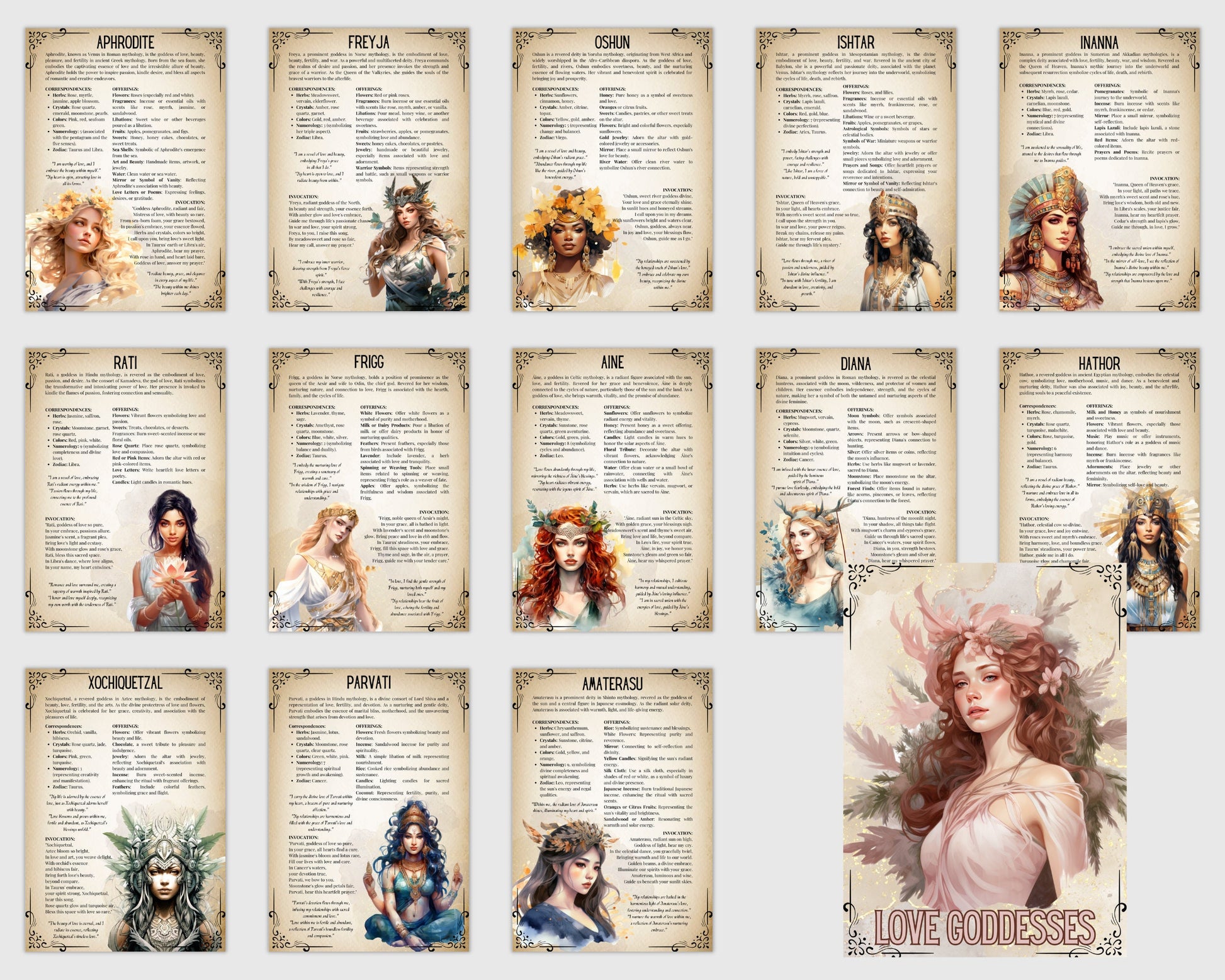 Love Goddesses. Beautiful pages for your Grimoire or Book Of Shadows. 14 pages. Printable