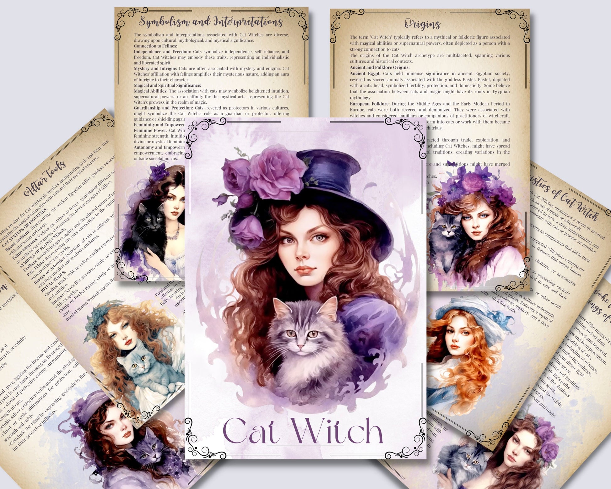 Cat Witch. Beautiful pages for your Grimoire. Printable.