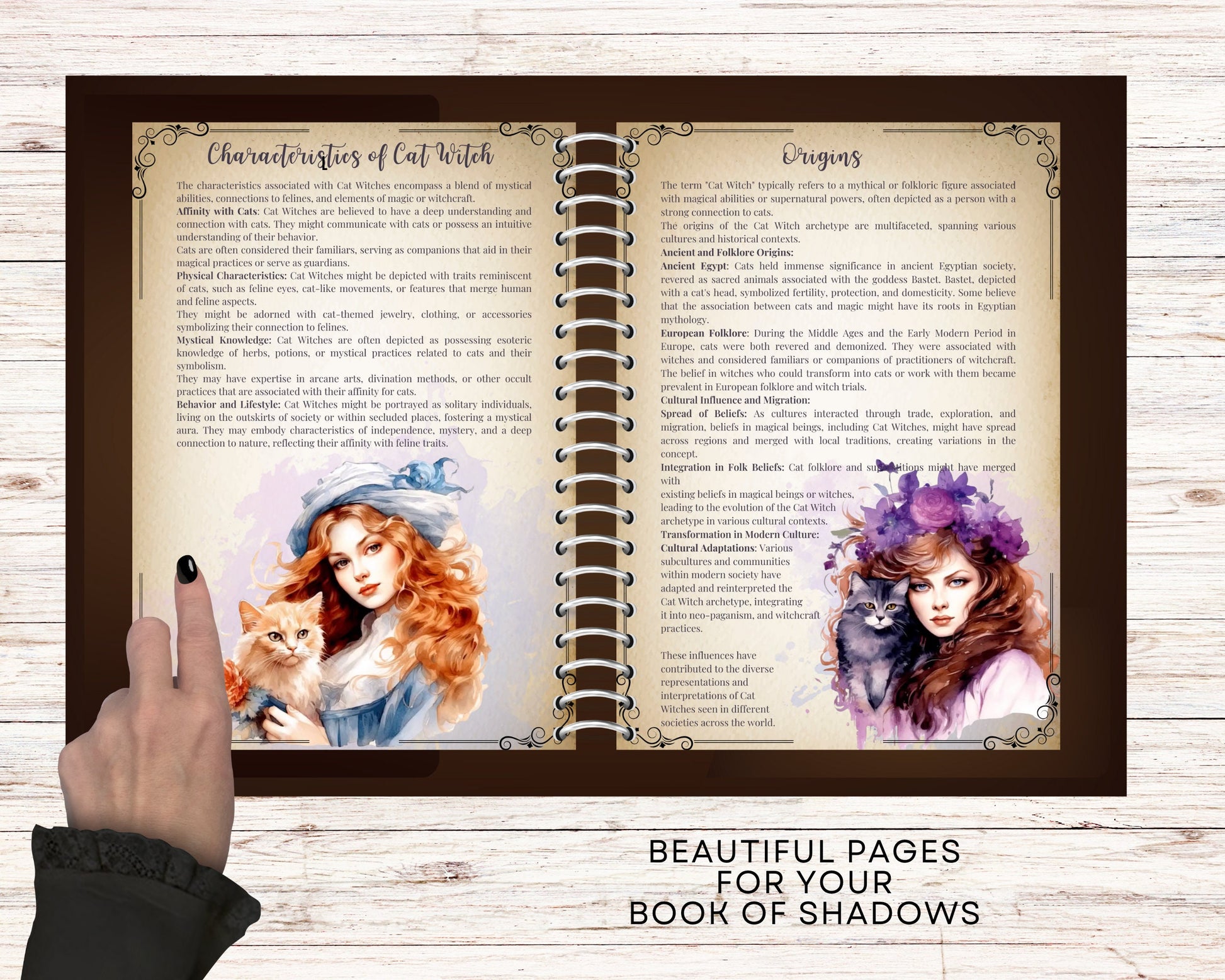 Cat Witch. Beautiful pages for your Grimoire. Printable.