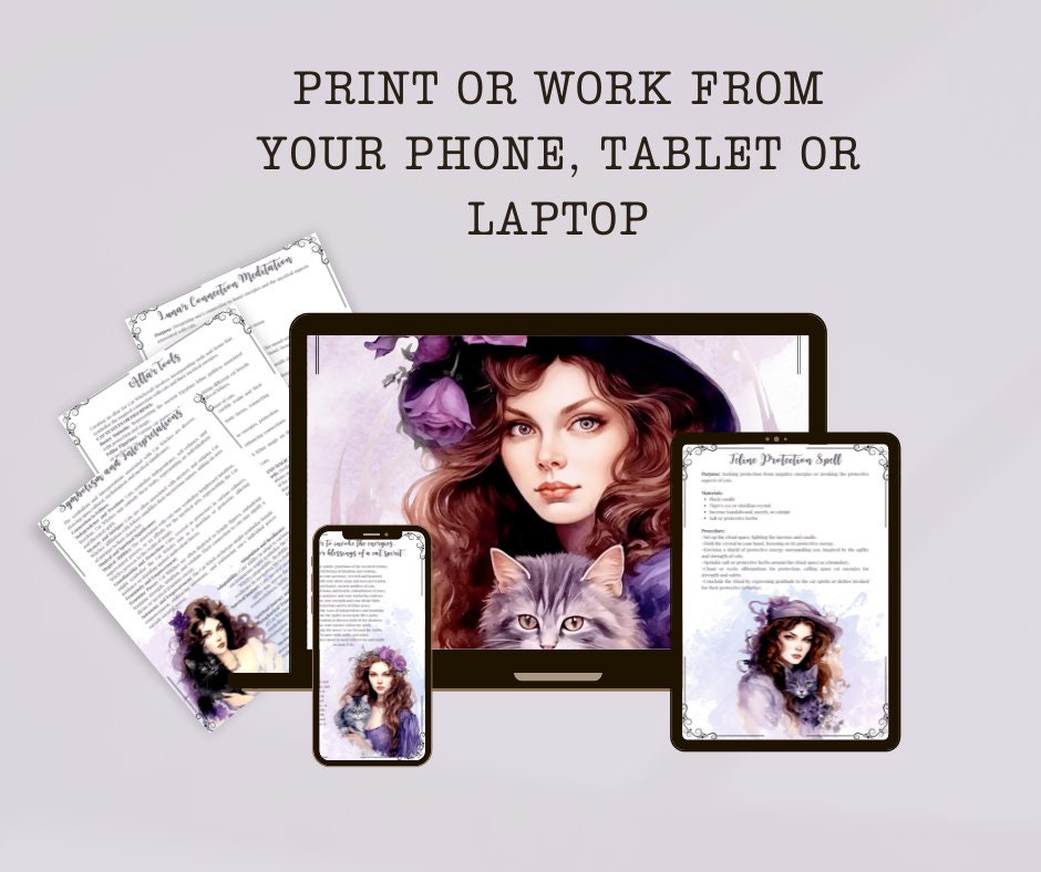 Cat Witch. Beautiful pages for your Grimoire. Printable.