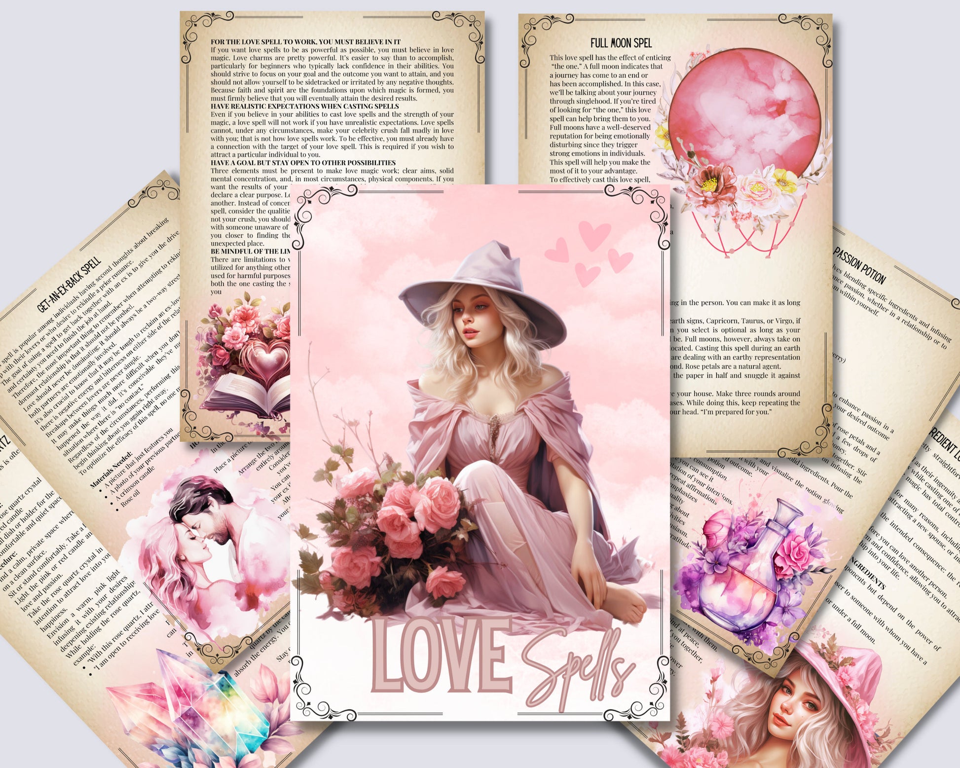 Love Spells. Beautiful pages for your Grimoire or Book Of Shadows. Printable.
