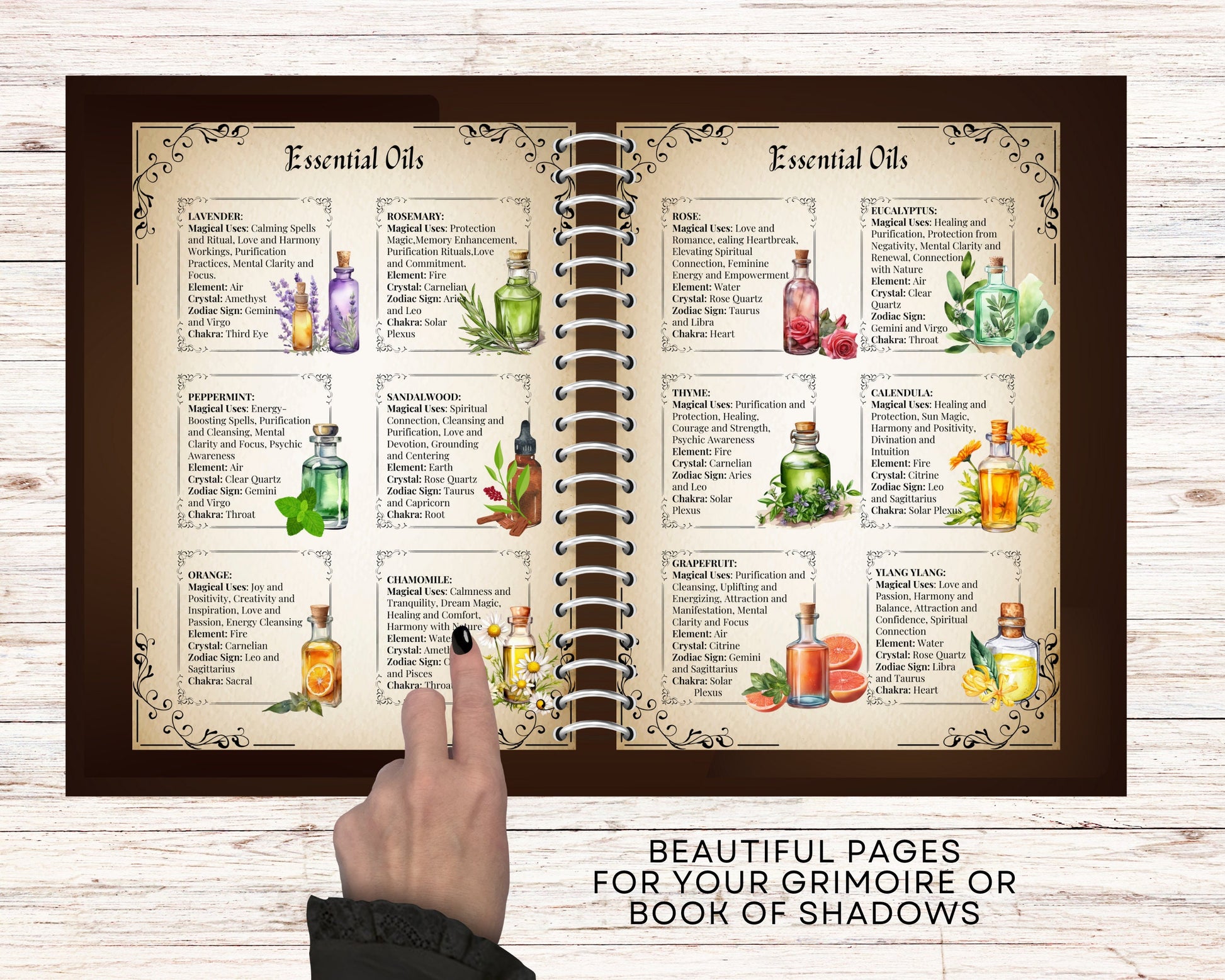 54 Essential Oil Grimoire Cheat Sheets, 16 pages Essential Oil Magical Properties & Correspondences, Kitchen Witch PDF, Grimoire, Printable