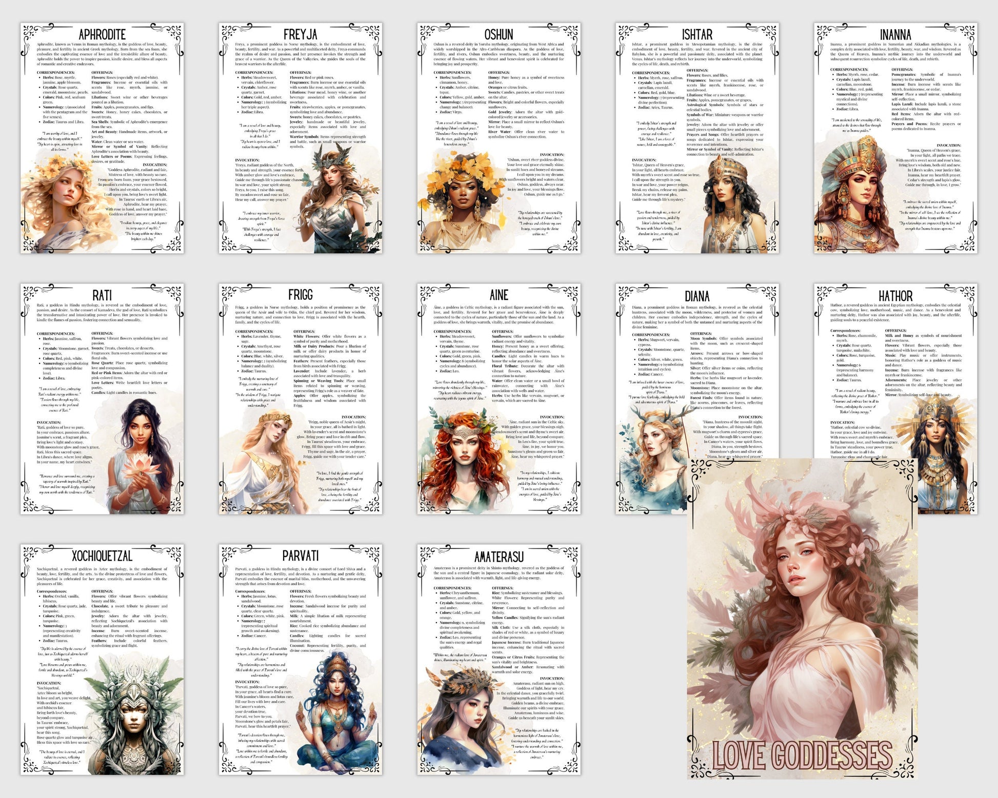 Love Goddesses. Beautiful pages for your Grimoire or Book Of Shadows. 14 pages. Printable