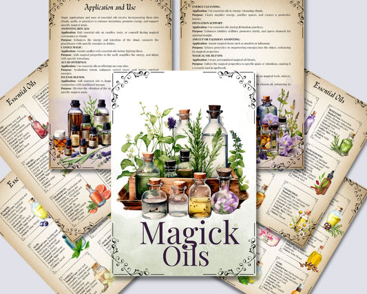 54 Essential Oil Grimoire Cheat Sheets, 16 pages Essential Oil Magical Properties & Correspondences, Kitchen Witch PDF, Grimoire, Printable