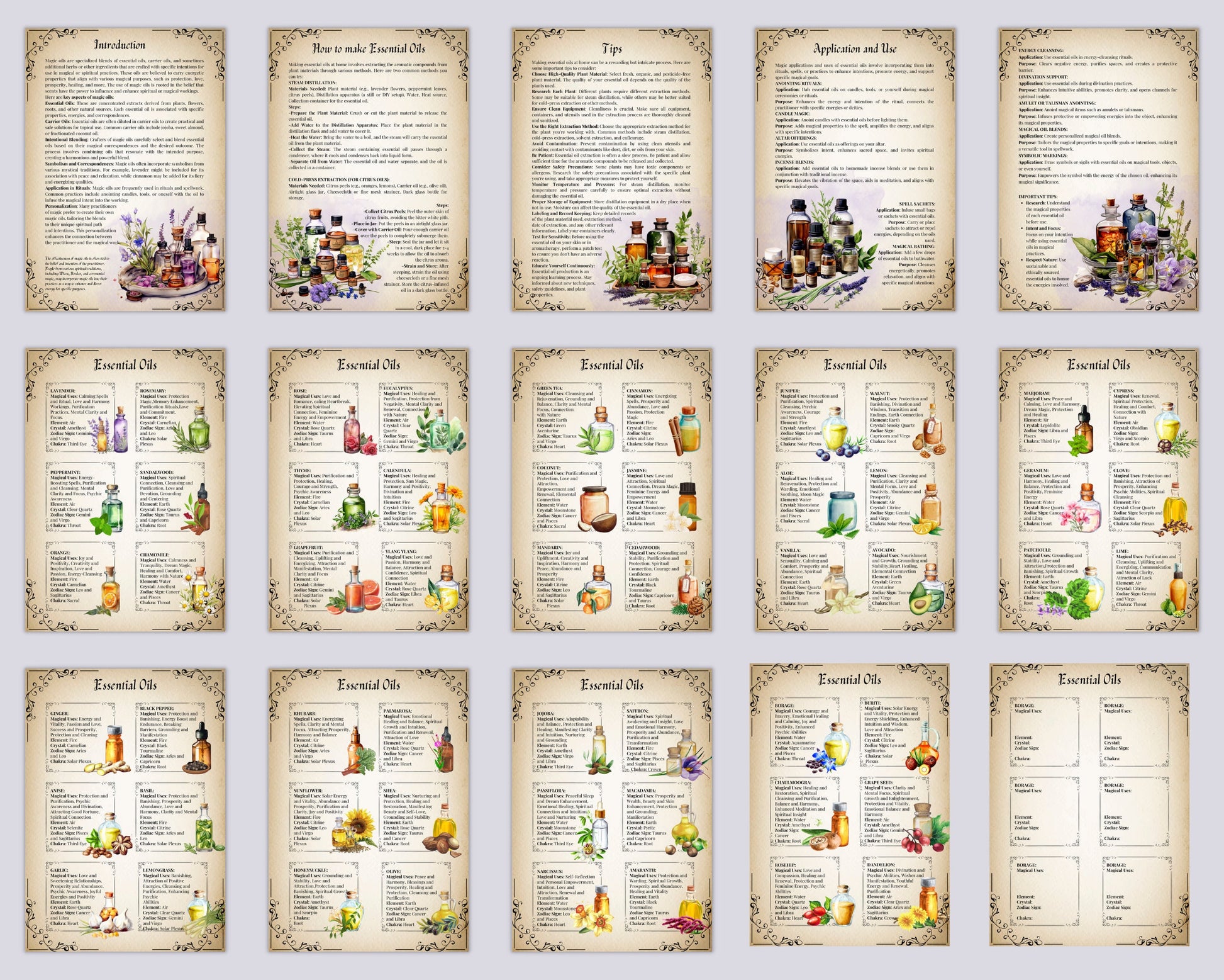 54 Essential Oil Grimoire Cheat Sheets, 16 pages Essential Oil Magical Properties & Correspondences, Kitchen Witch PDF, Grimoire, Printable
