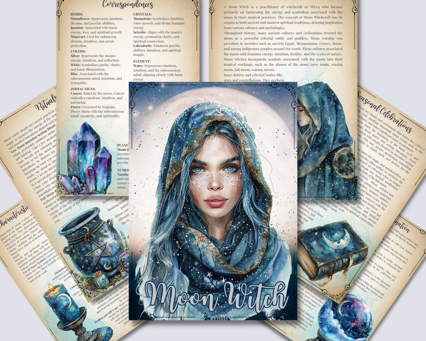 Moon Witch. Solar witch. Beautiful pages for your Grimoire or Book Of Shadows. Printable