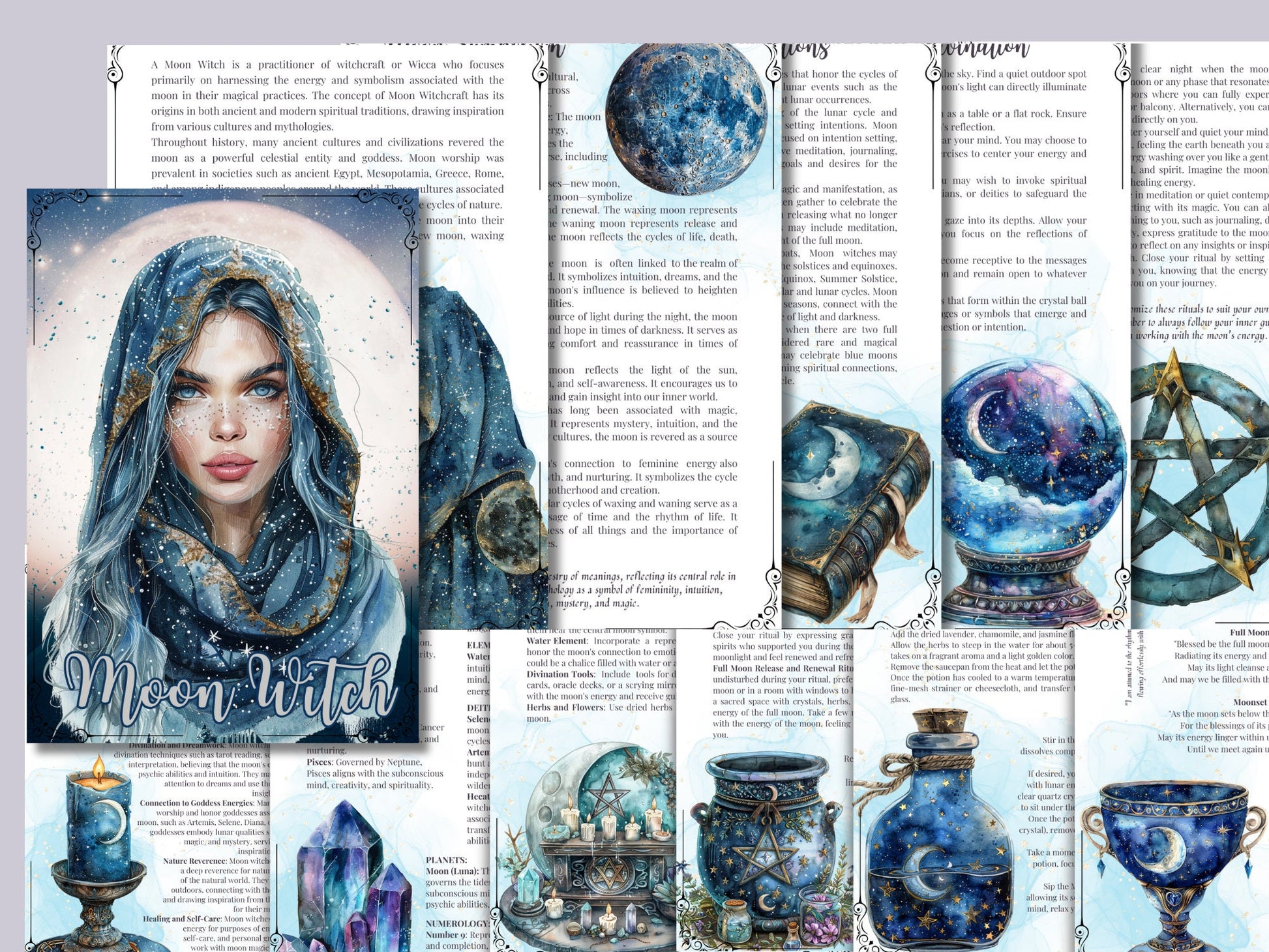 Moon Witch. Solar witch. Beautiful pages for your Grimoire or Book Of Shadows. Printable