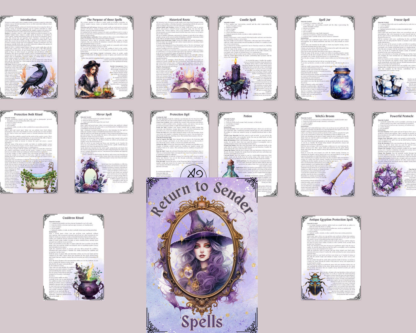 Return to Sender Spells Set. Beautiful Grimoire or Book Of Shadow Pages. Printable.