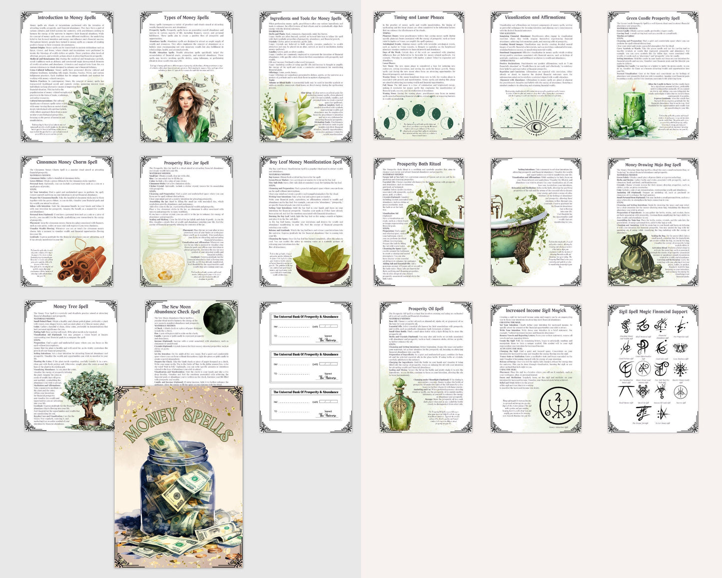 Money Spells. 10 Powerful Rituals. Beautiful pages for your Grimoire or Book Of Shadows. Printable.