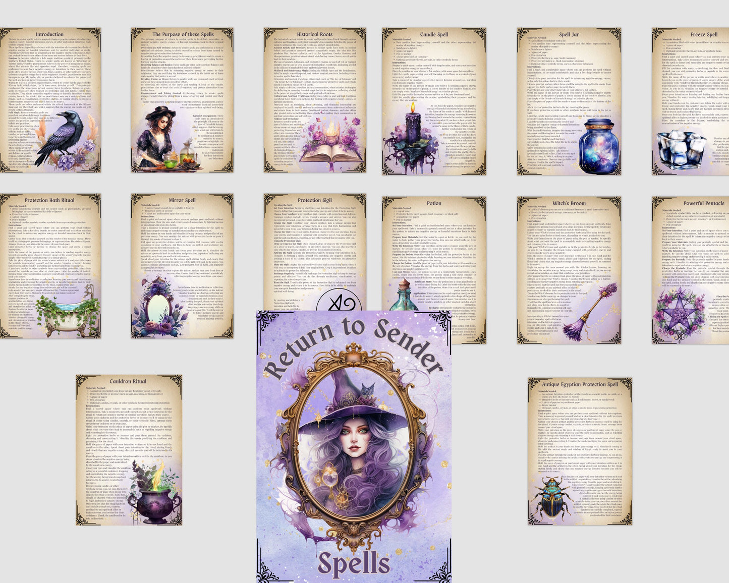Return to Sender Spells Set. Beautiful Grimoire or Book Of Shadow Pages. Printable.