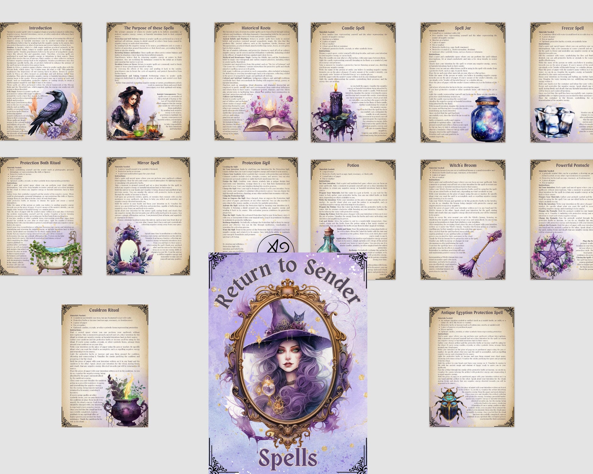 Return to Sender Spells Set. Beautiful Grimoire or Book Of Shadow Pages. Printable.
