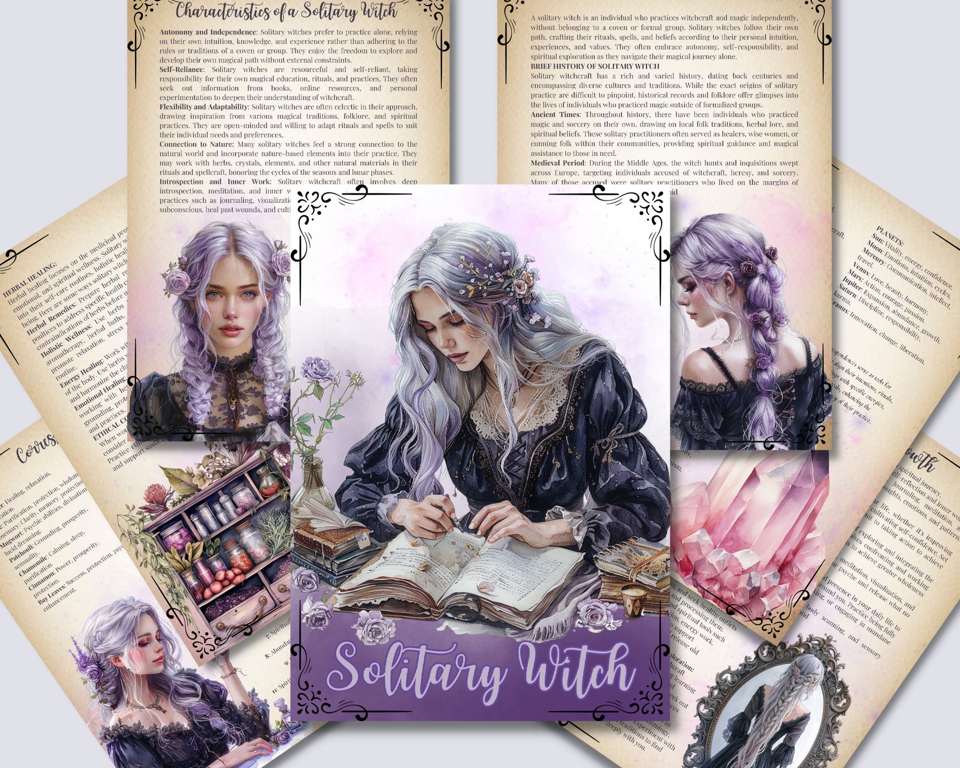 Solitary Witch. Beautiful pages for your Grimoire or Book Of Shadows. Printable.