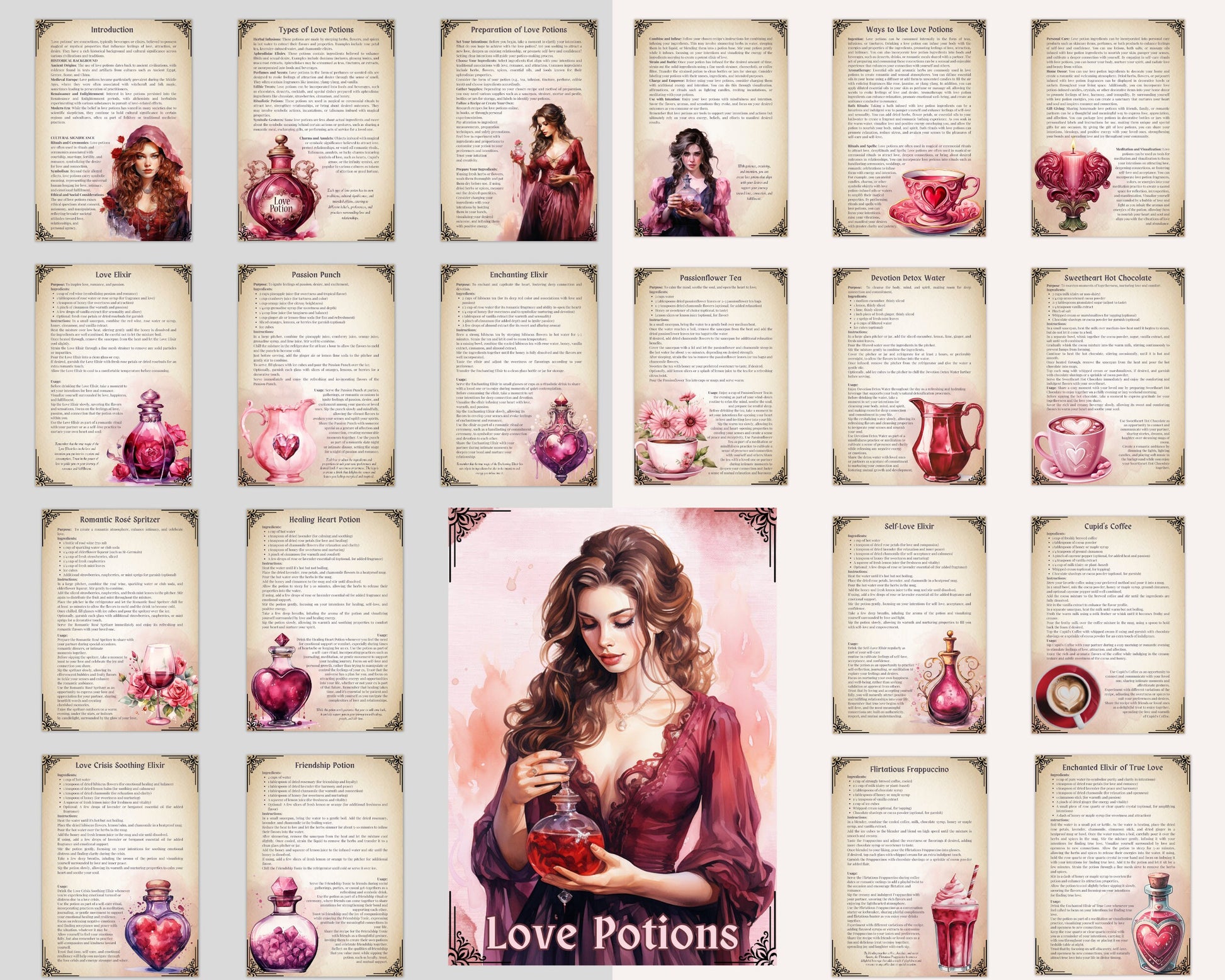 Love Potions. Basics. Beautiful pages for your Grimoire or Book Of Shadows. Printable.