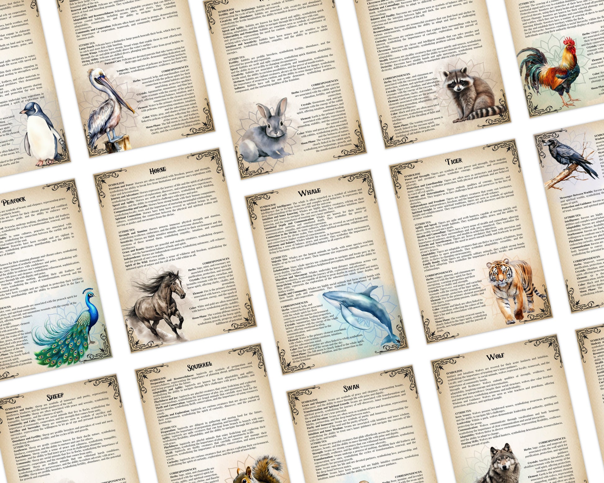 The Ultimate Guide To Spirit Animals. 72 pages. 62 animals. Beautiful grimoire pages. Printable.
