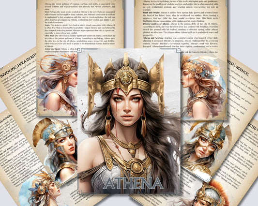 Athena. Greek goddess of wisdom and good counsel, war, the defence of towns, heroic endeavour, weaving, and pottery. Printable pages.