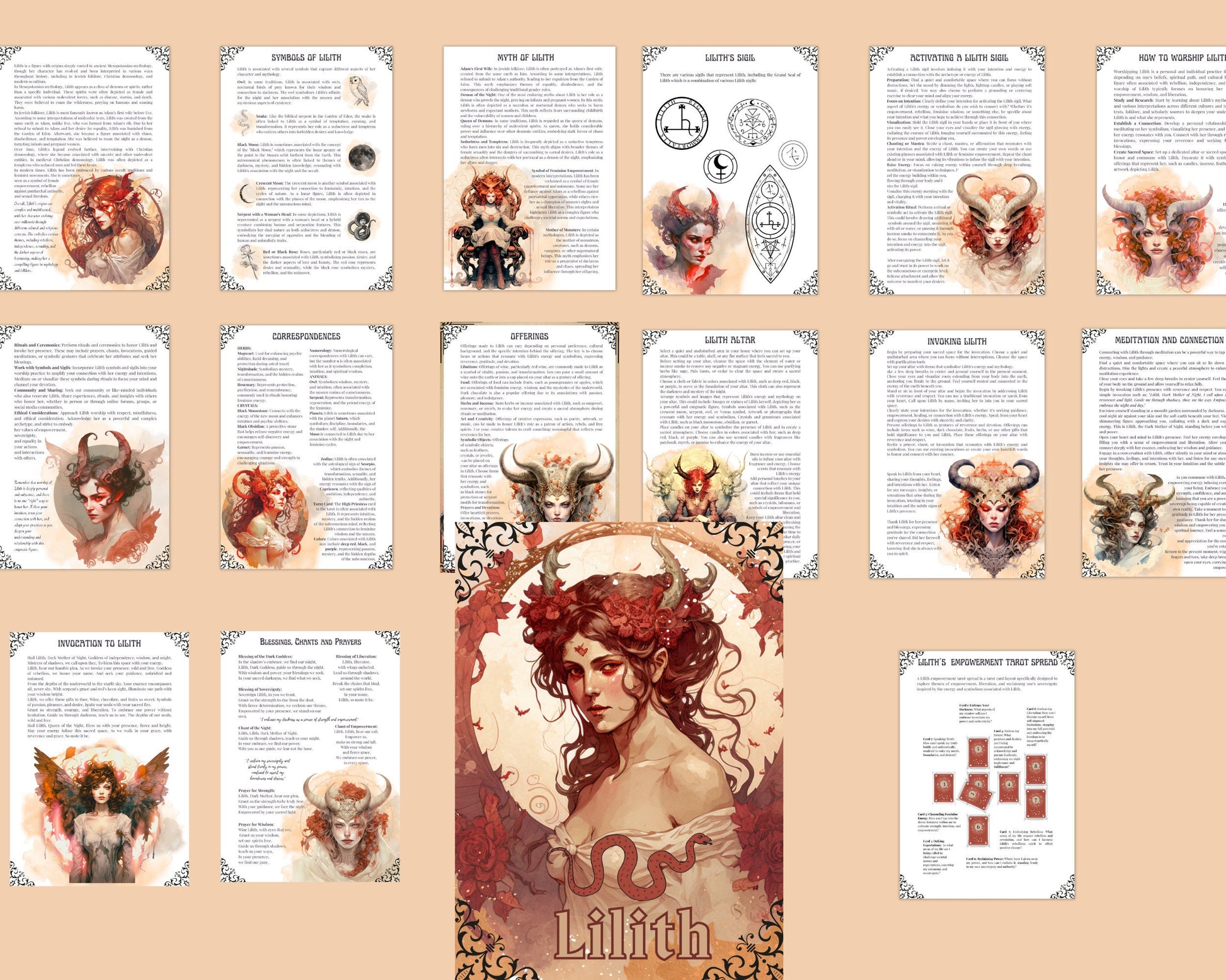 Lilith Grimoire. A Guide to Working with the Dark Goddess Lilith. 16 Beautiful printable Grimoire pages.