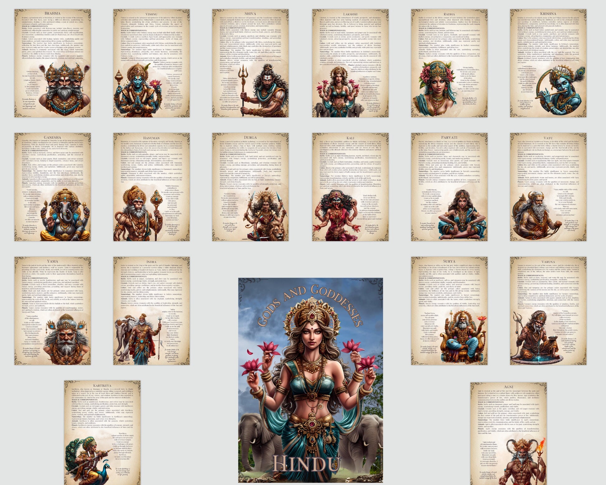 Hindu GODS AND GODDESSES. Beautiful pages for your Grimoire or Book Of Shadows. Printable