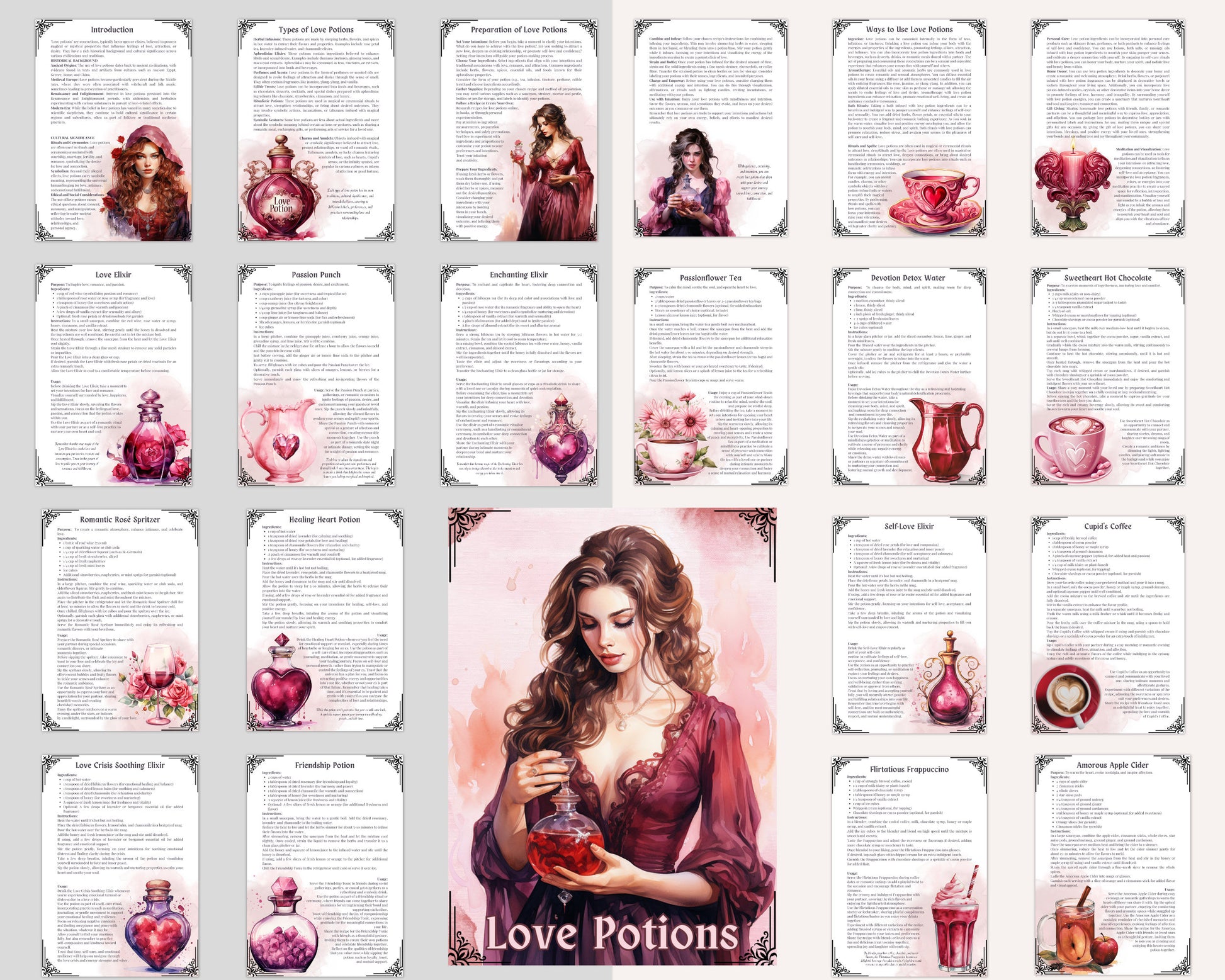 Love Potions. Basics. Beautiful pages for your Grimoire or Book Of Shadows. Printable.