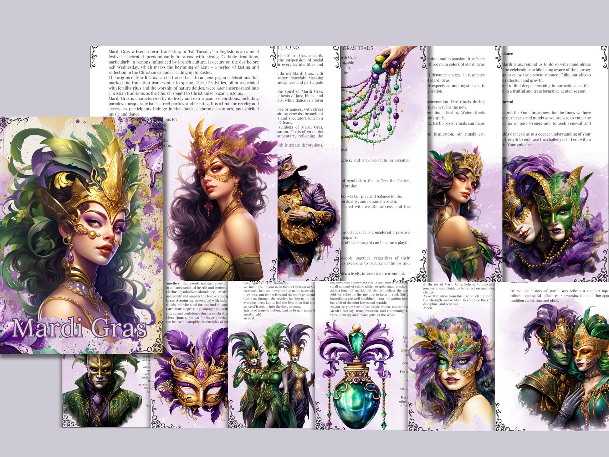 Mardi Gras. Beginners guide. Beautiful pages for your Grimoire or Book Of Shadows.