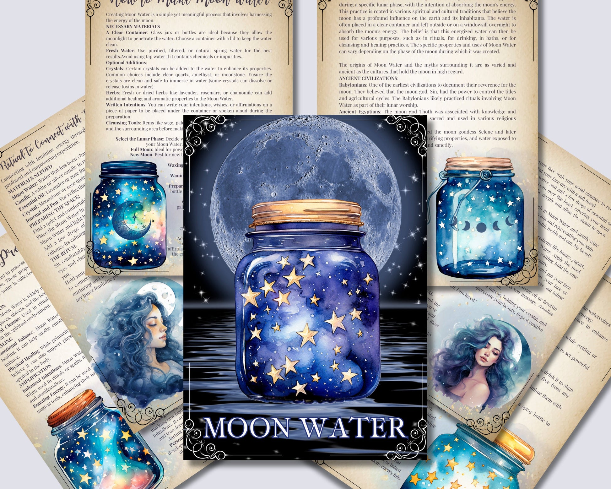 Moon Water Magic Guide. Beautiful pages for your Grimoire or Book Of Shadows. Printable