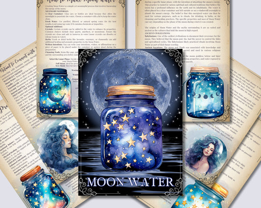 Moon Water Magic Guide. Beautiful pages for your Grimoire or Book Of Shadows. Printable