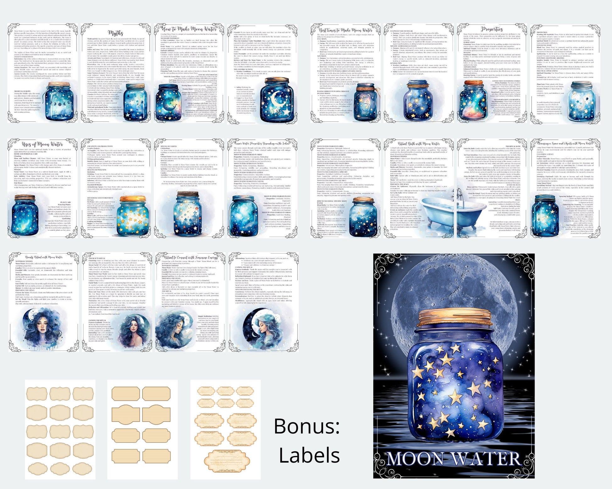 Moon Water Magic Guide. Beautiful pages for your Grimoire or Book Of Shadows. Printable