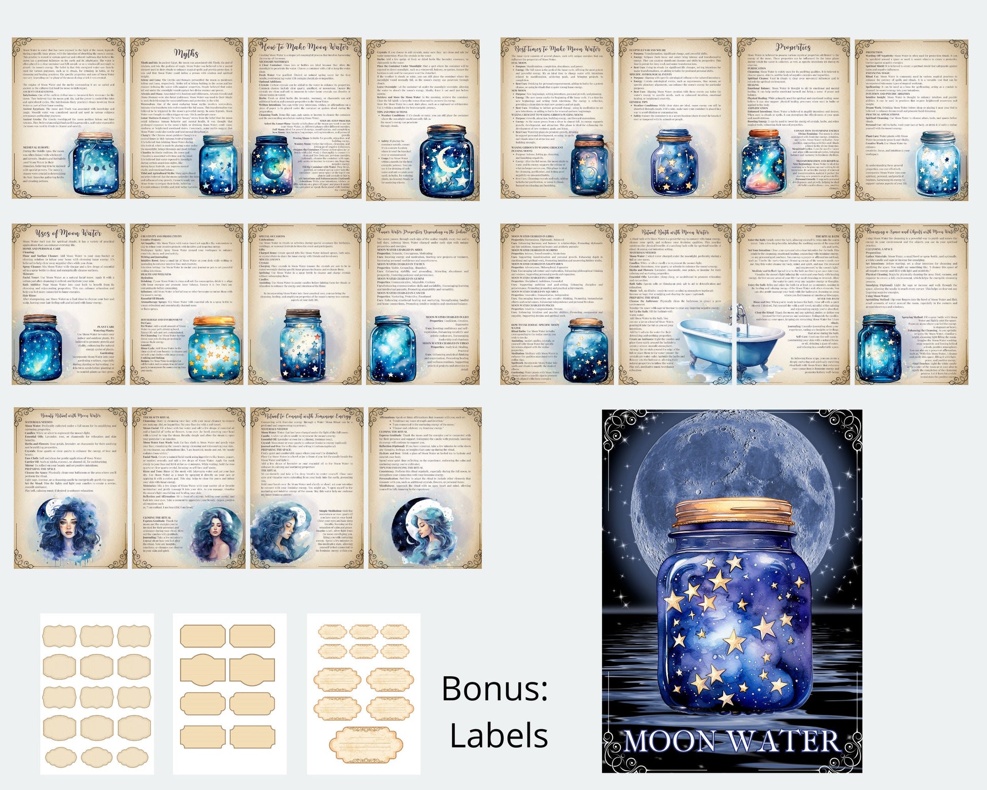 Moon Water Magic Guide. Beautiful pages for your Grimoire or Book Of Shadows. Printable