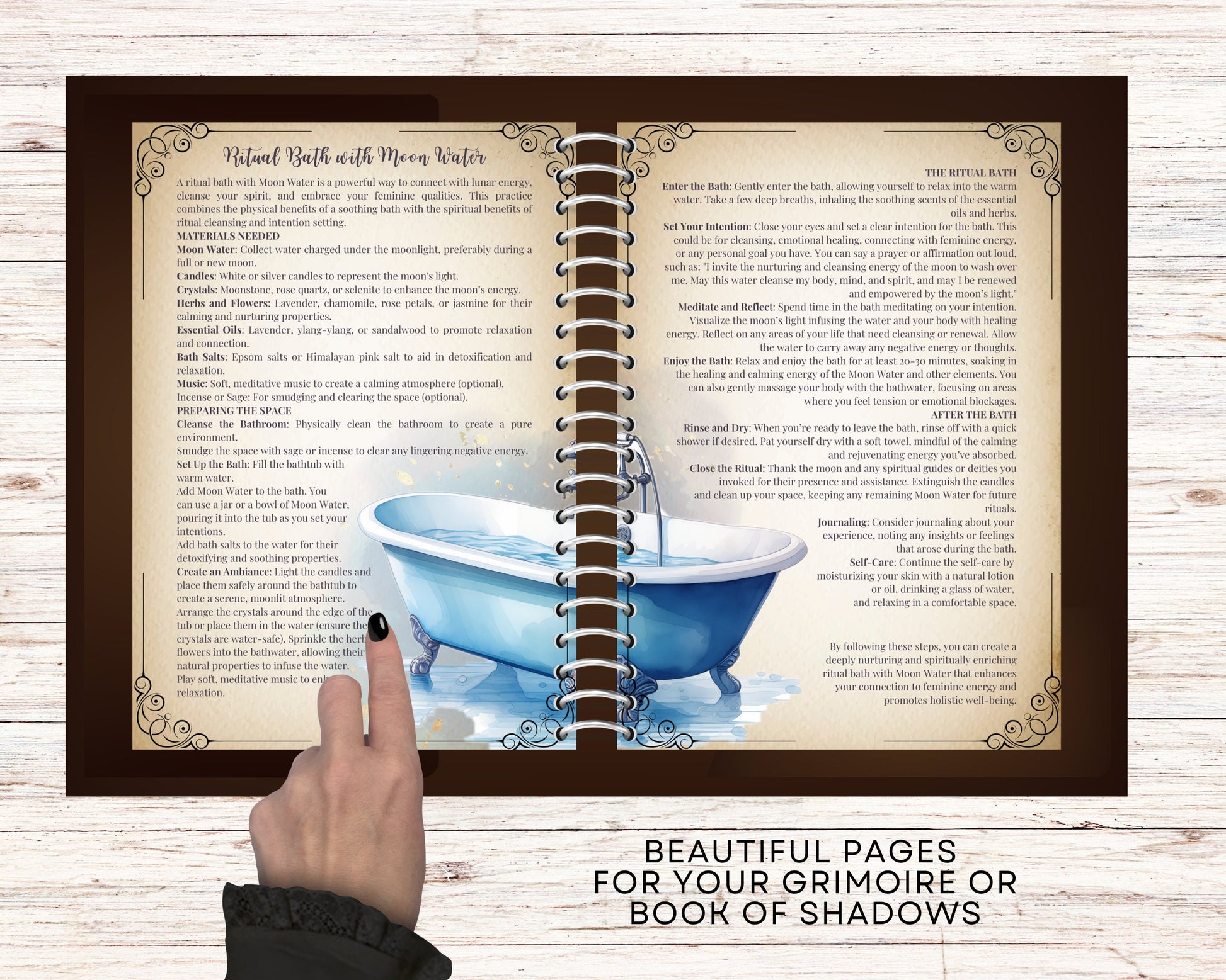 Moon Water Magic Guide. Beautiful pages for your Grimoire or Book Of Shadows. Printable
