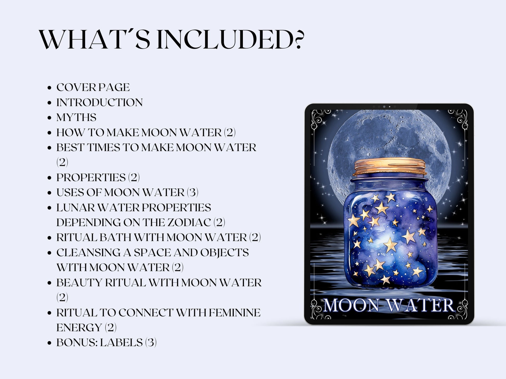 Moon Water Magic Guide. Beautiful pages for your Grimoire or Book Of Shadows. Printable