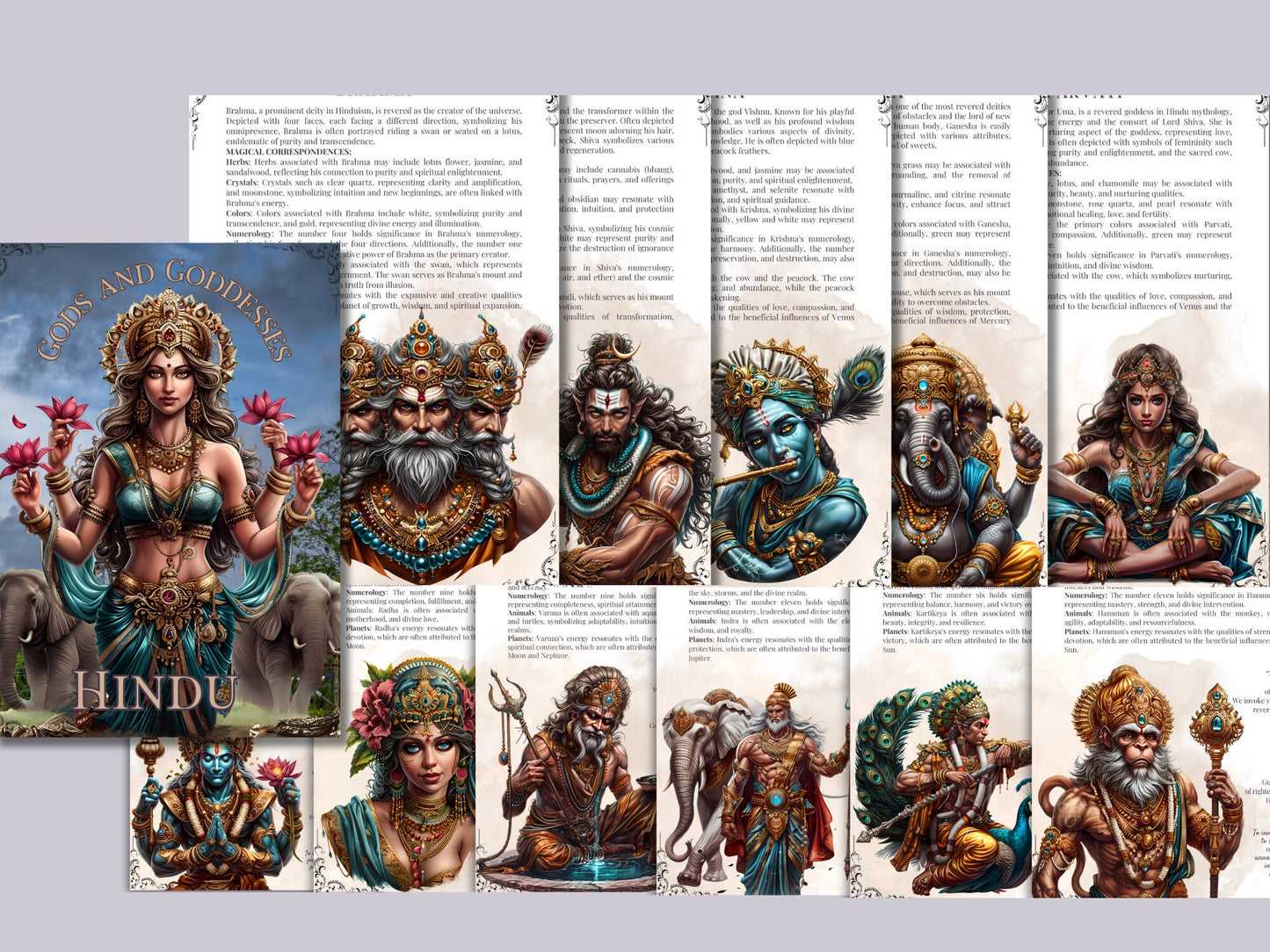 Hindu GODS AND GODDESSES. Beautiful pages for your Grimoire or Book Of Shadows. Printable