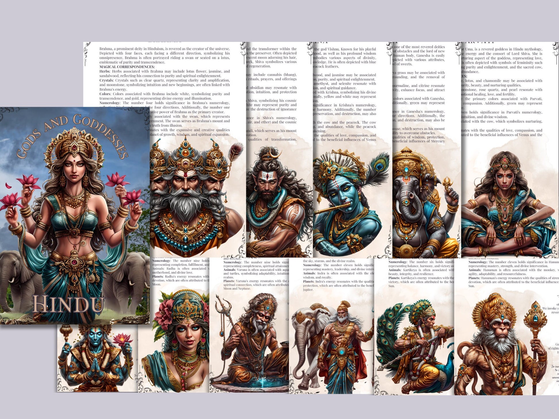 Hindu GODS AND GODDESSES. Beautiful pages for your Grimoire or Book Of Shadows. Printable