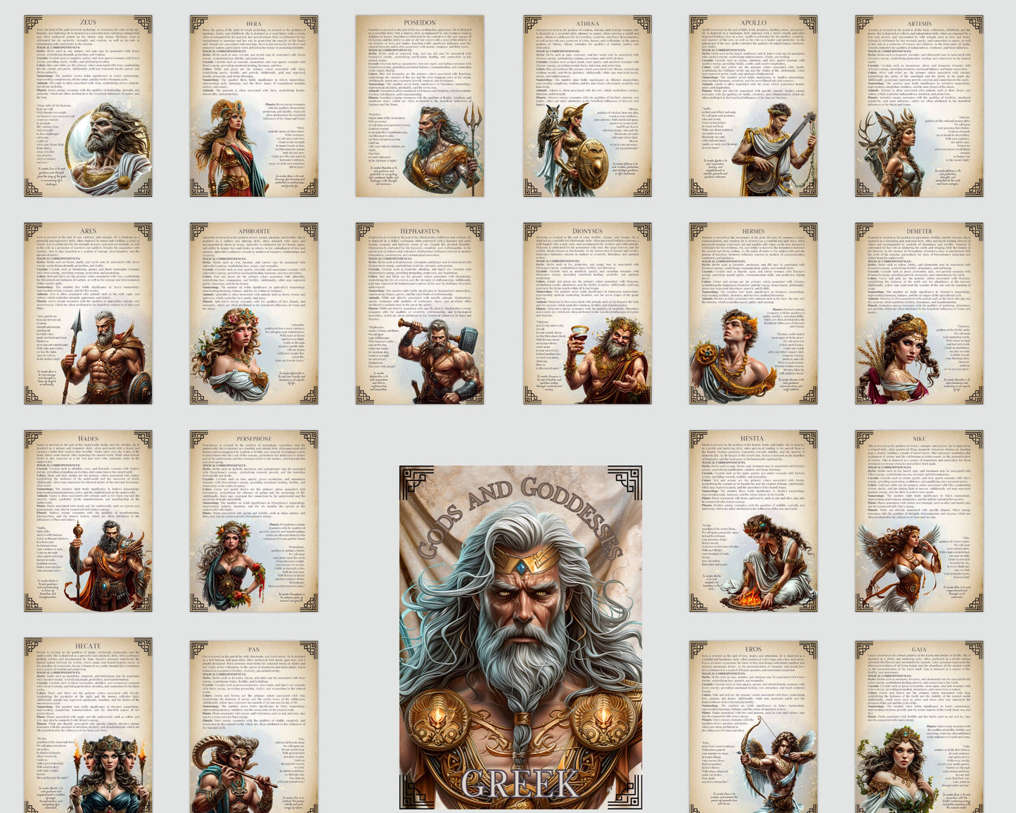 Greek GODS AND GODDESSES. Beautiful pages for your Grimoire or Book Of Shadows. Printable