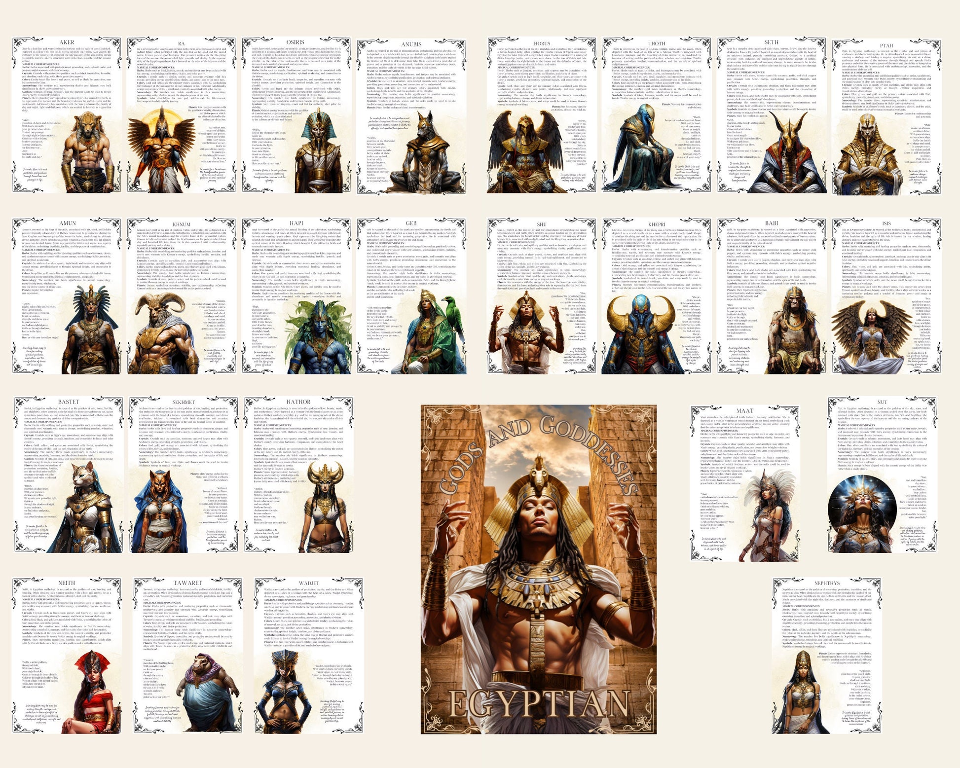 Egyptian Gods and Goddesses. Beautiful pages for your Grimoire or Book Of Shadows. Printable