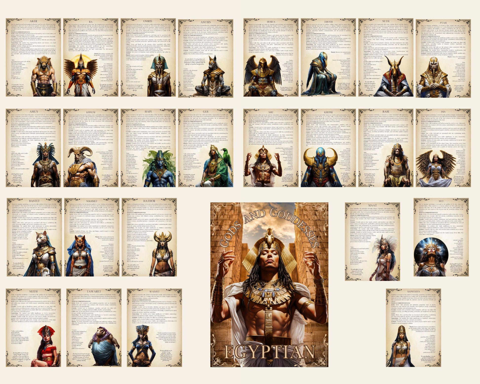 Egyptian Gods and Goddesses. Beautiful pages for your Grimoire or Book Of Shadows. Printable