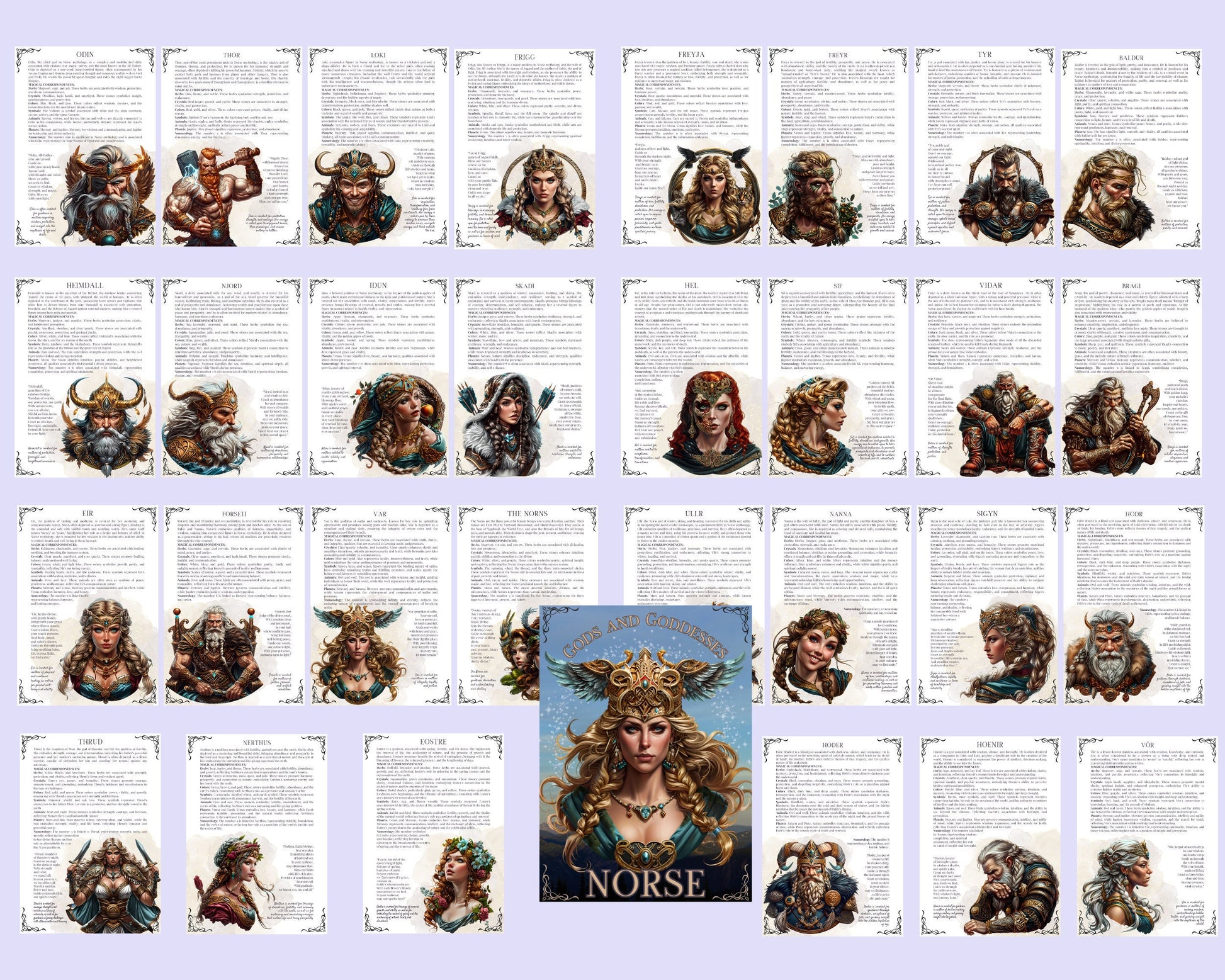 NORSE Gods and Goddesses. The most complete. Beautiful pages for your Grimoire or Book Of Shadows. Printable