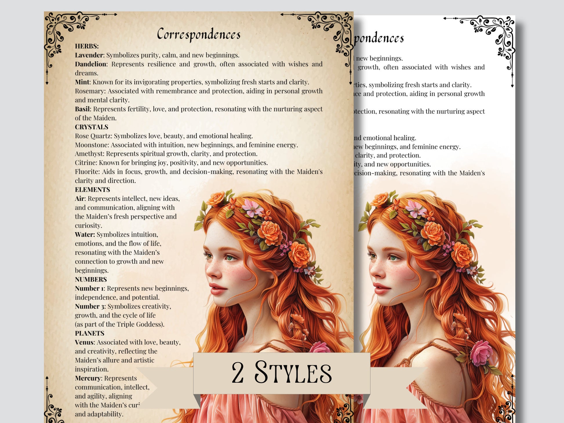 THE MAIDEN GODDESS. Beautiful pages for your Grimoire or Book Of Shadows. Printable.