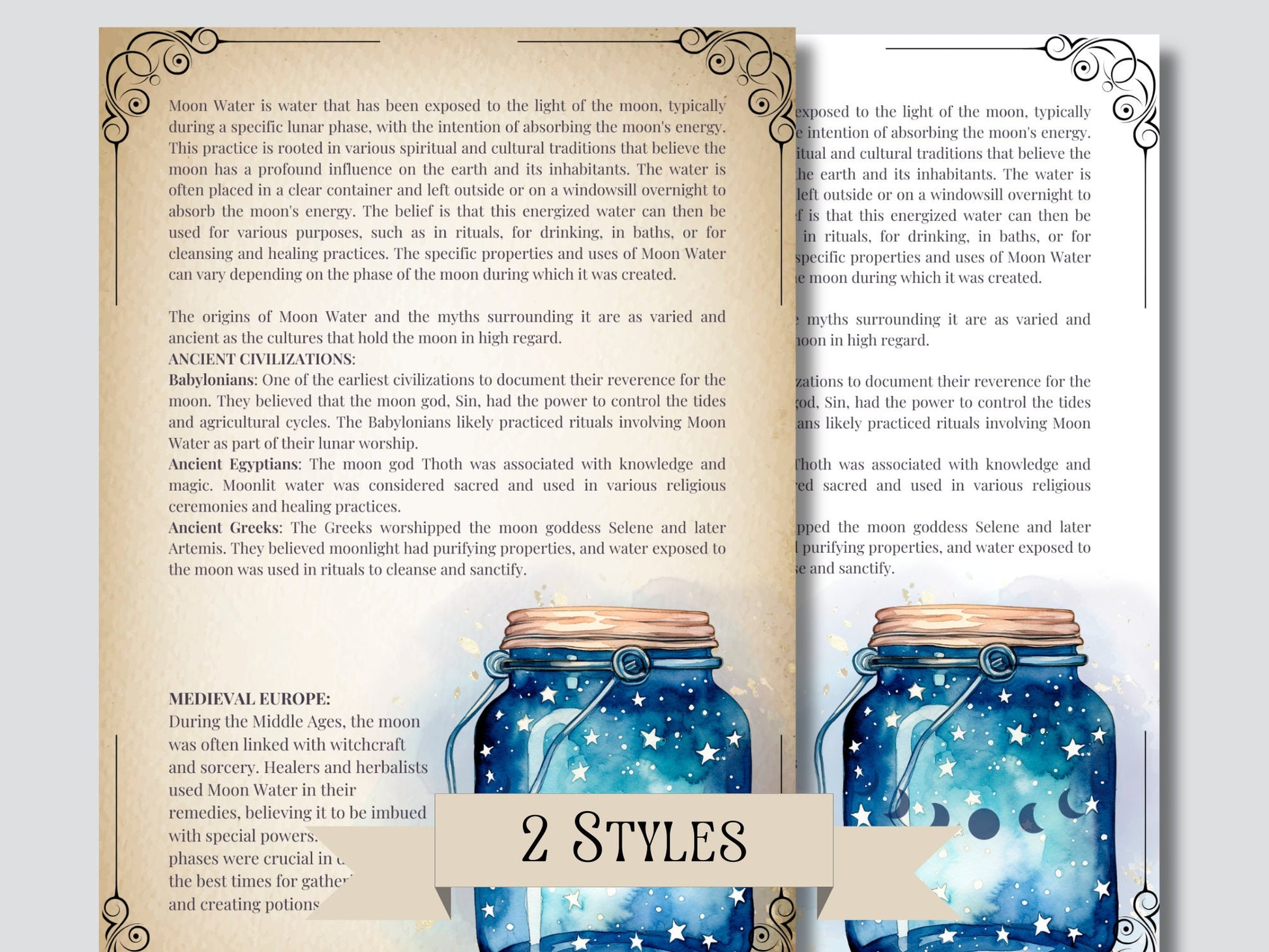 Moon Water Magic Guide. Beautiful pages for your Grimoire or Book Of Shadows. Printable